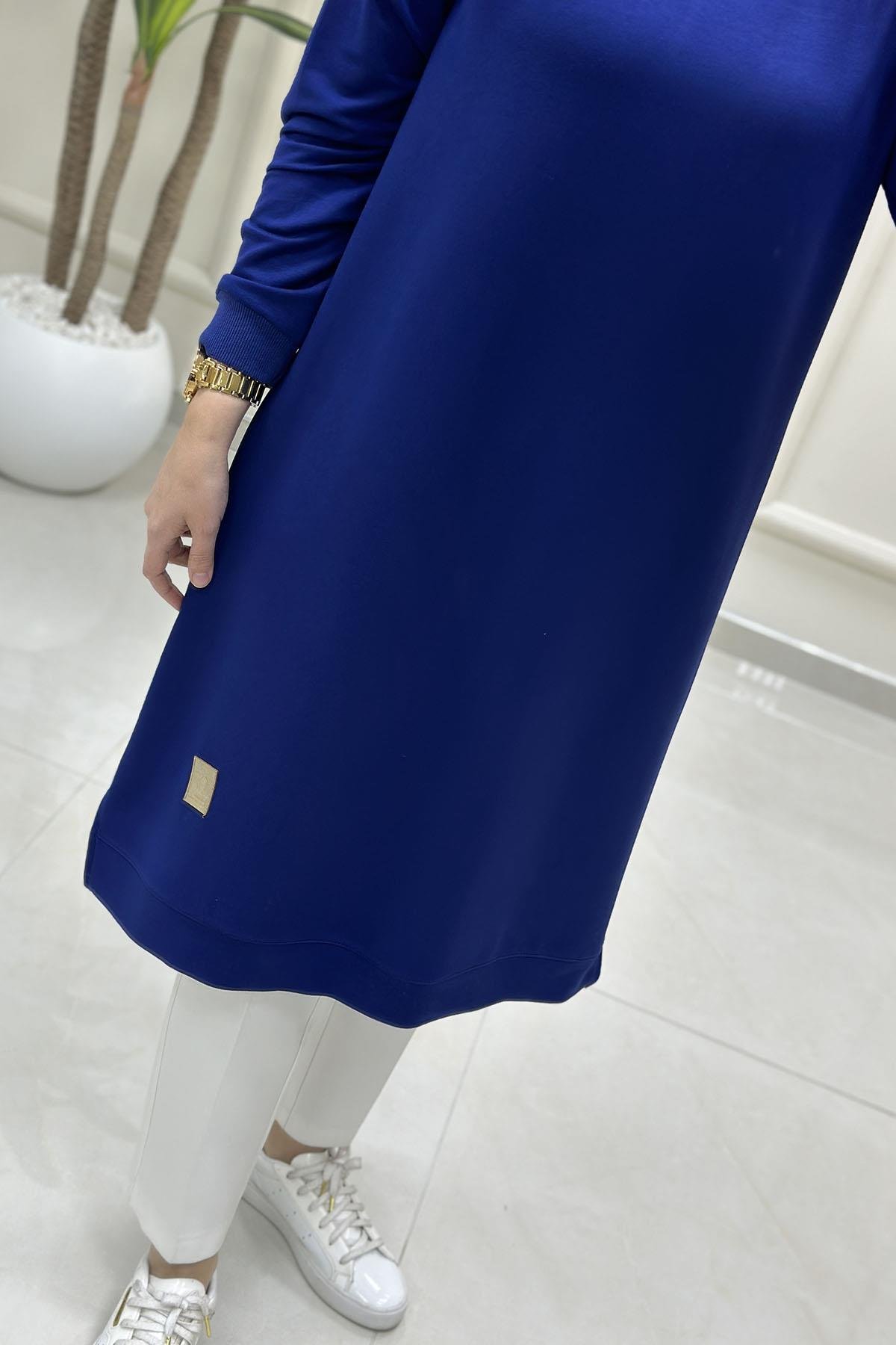 Tesettür Tunik ModelleriKol Ve Etek Ucu Ribanalı Spor Kadın Tunik Saks Mavisi KADO 7194