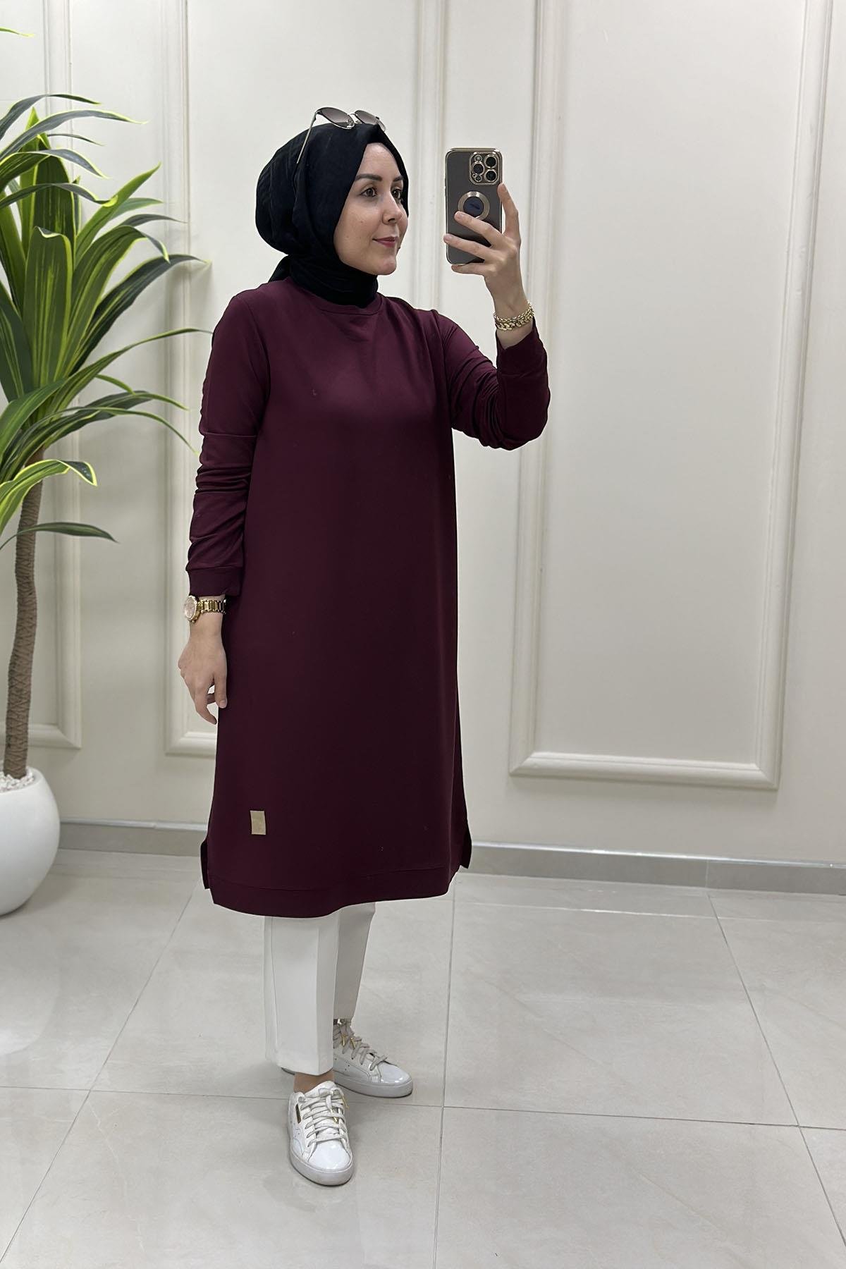 Tesettür Tunik ModelleriKol Ve Etek Ucu Ribanalı Spor Kadın Tunik Bordo KADO 7194