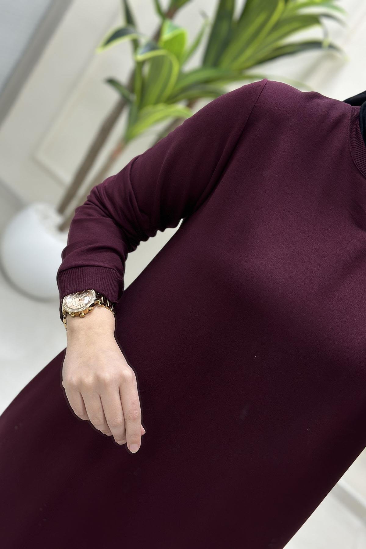 Tesettür Tunik ModelleriKol Ve Etek Ucu Ribanalı Spor Kadın Tunik Bordo KADO 7194