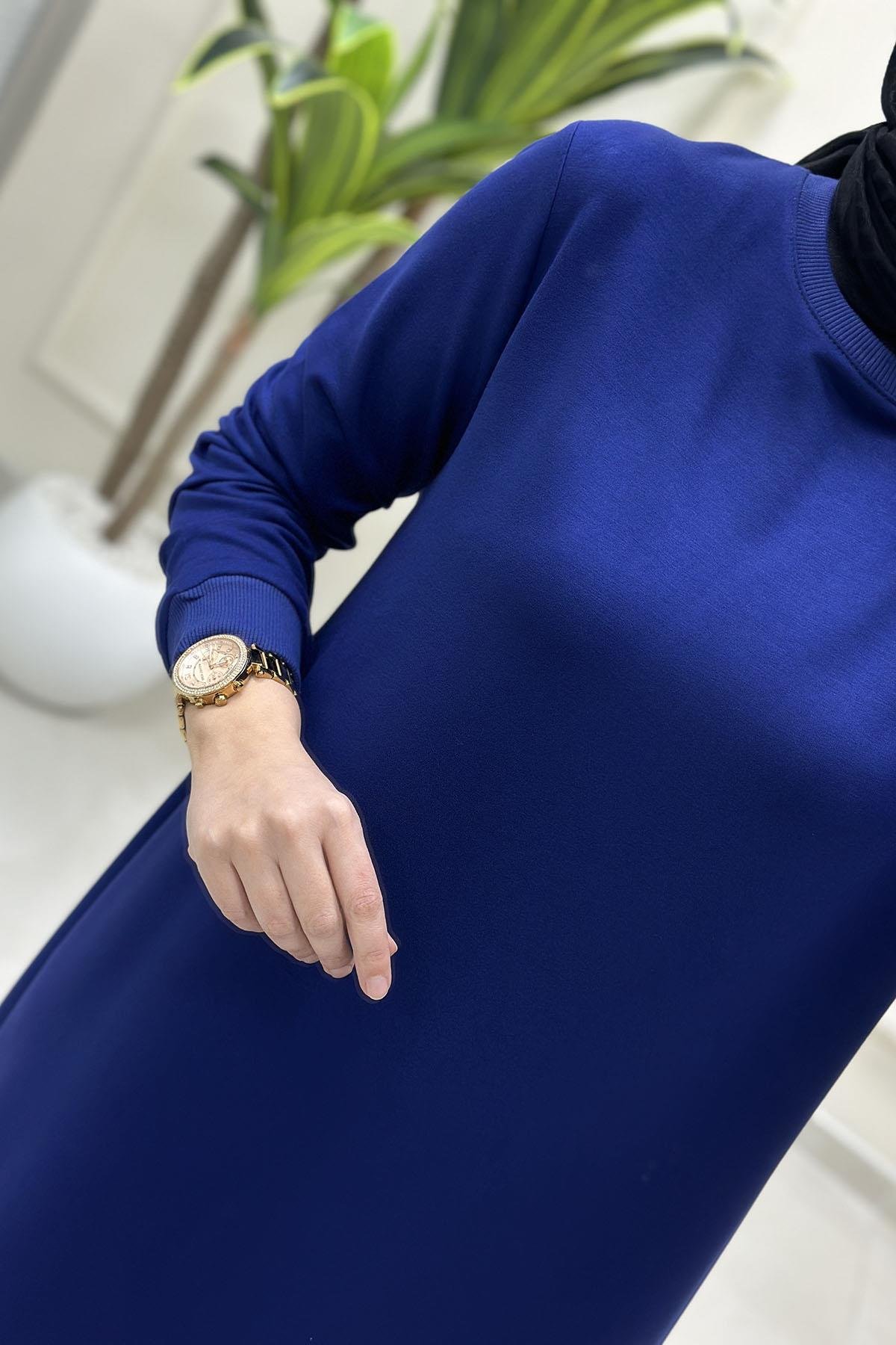 Tesettür Tunik ModelleriKol Ve Etek Ucu Ribanalı Spor Kadın Tunik Saks Mavisi KADO 7194