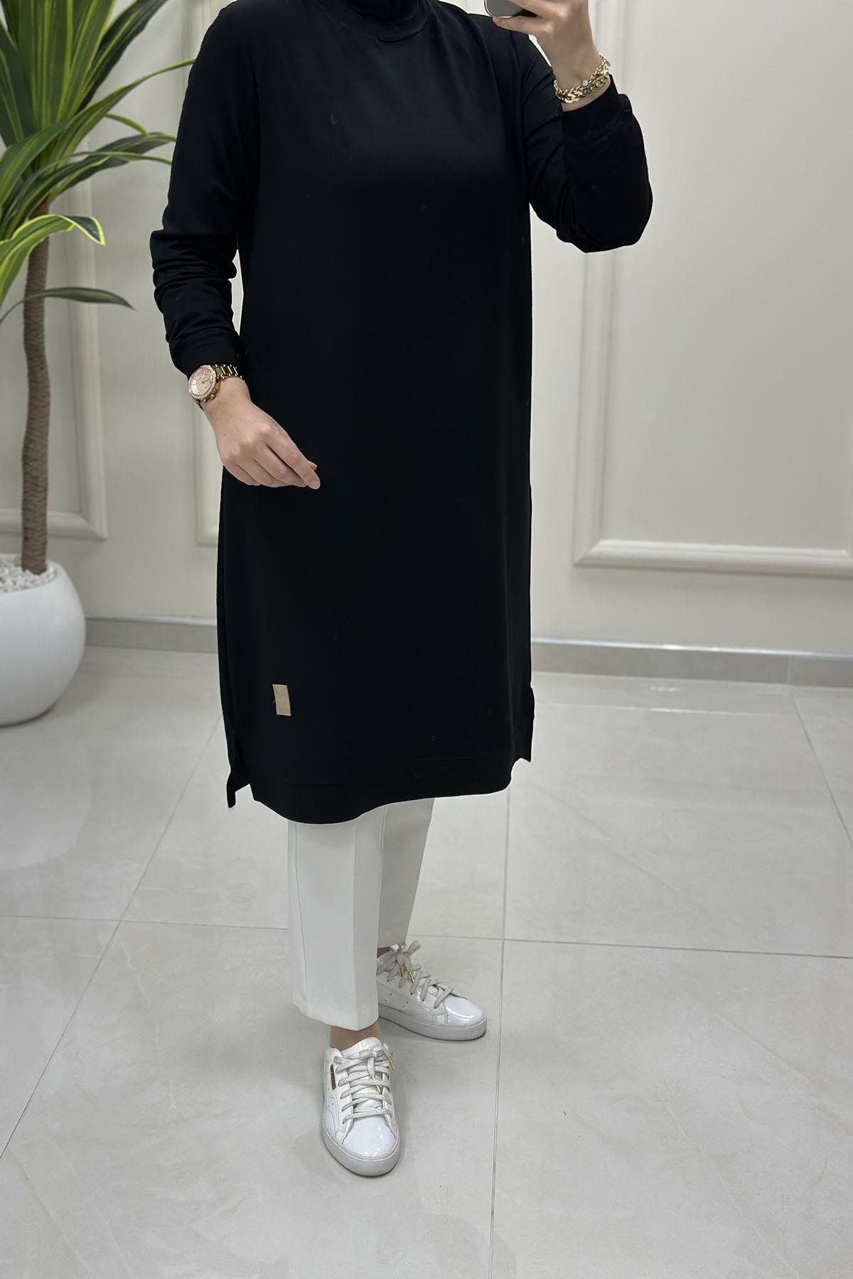 Tesettür Tunik ModelleriKol Ve Etek Ucu Ribanalı Spor Kadın Tunik Siyah KADO 7194