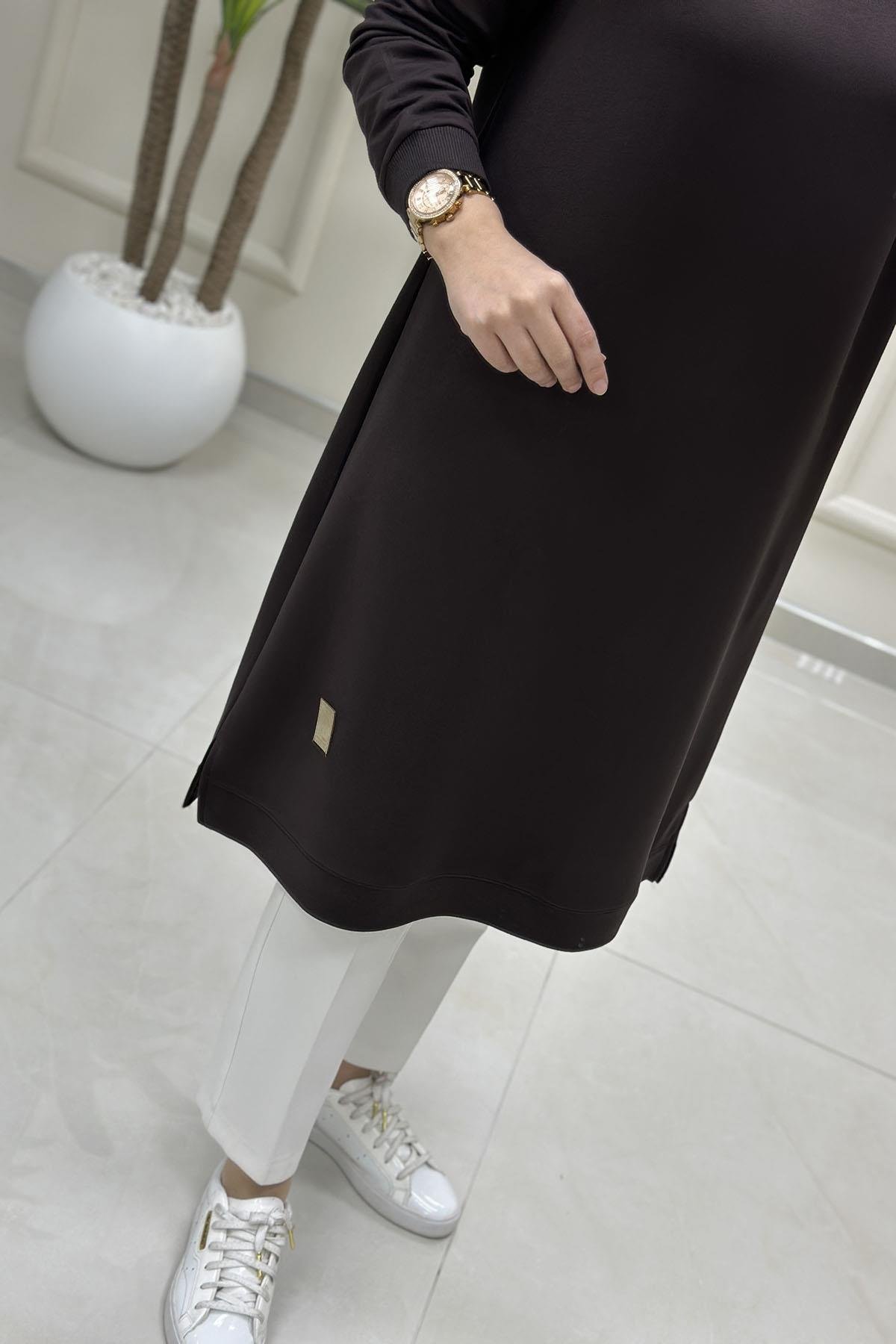 Tesettür Tunik ModelleriKol Ve Etek Ucu Ribanalı Spor Kadın Tunik Acı Kahverengi KADO 7194