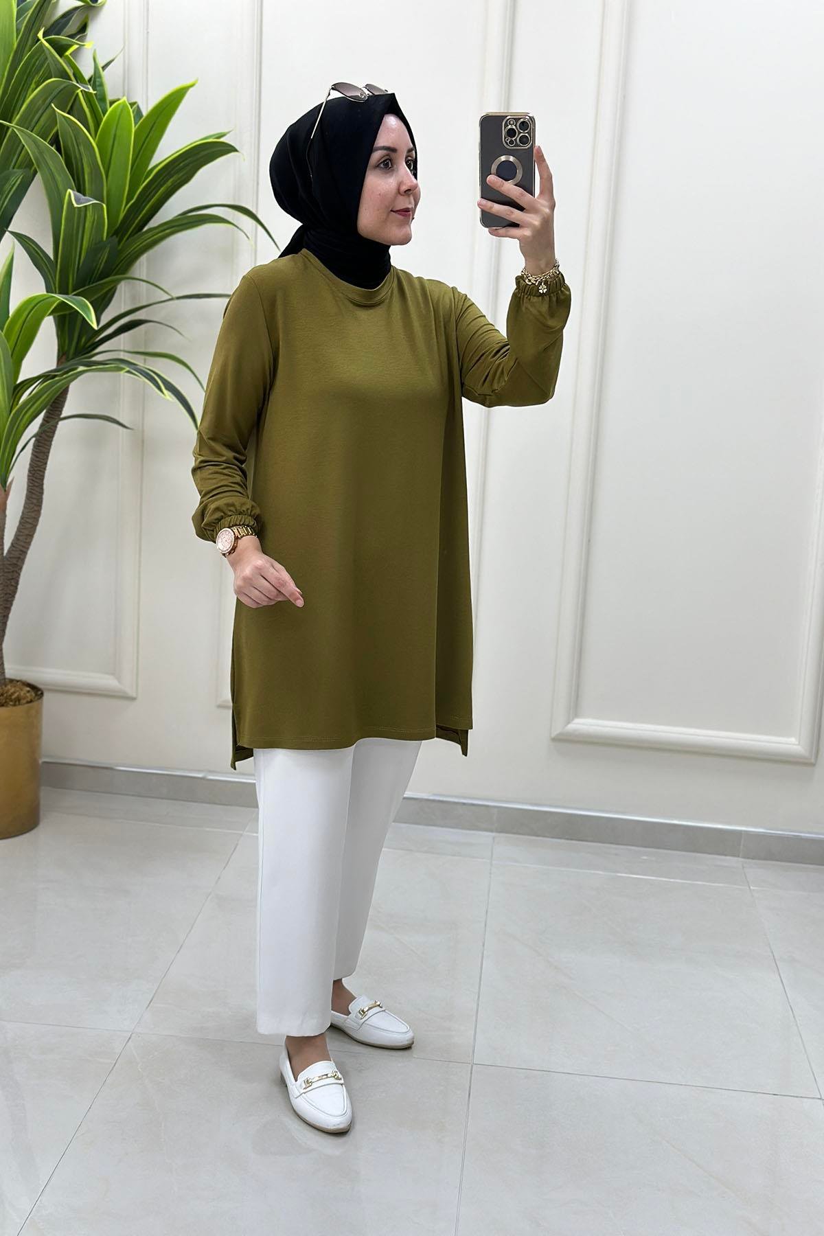 Tesettür Tunik ModelleriKolu Büzgü Detaylı Beyzik Kadın Tunik Yağ Yeşili KADO 257660