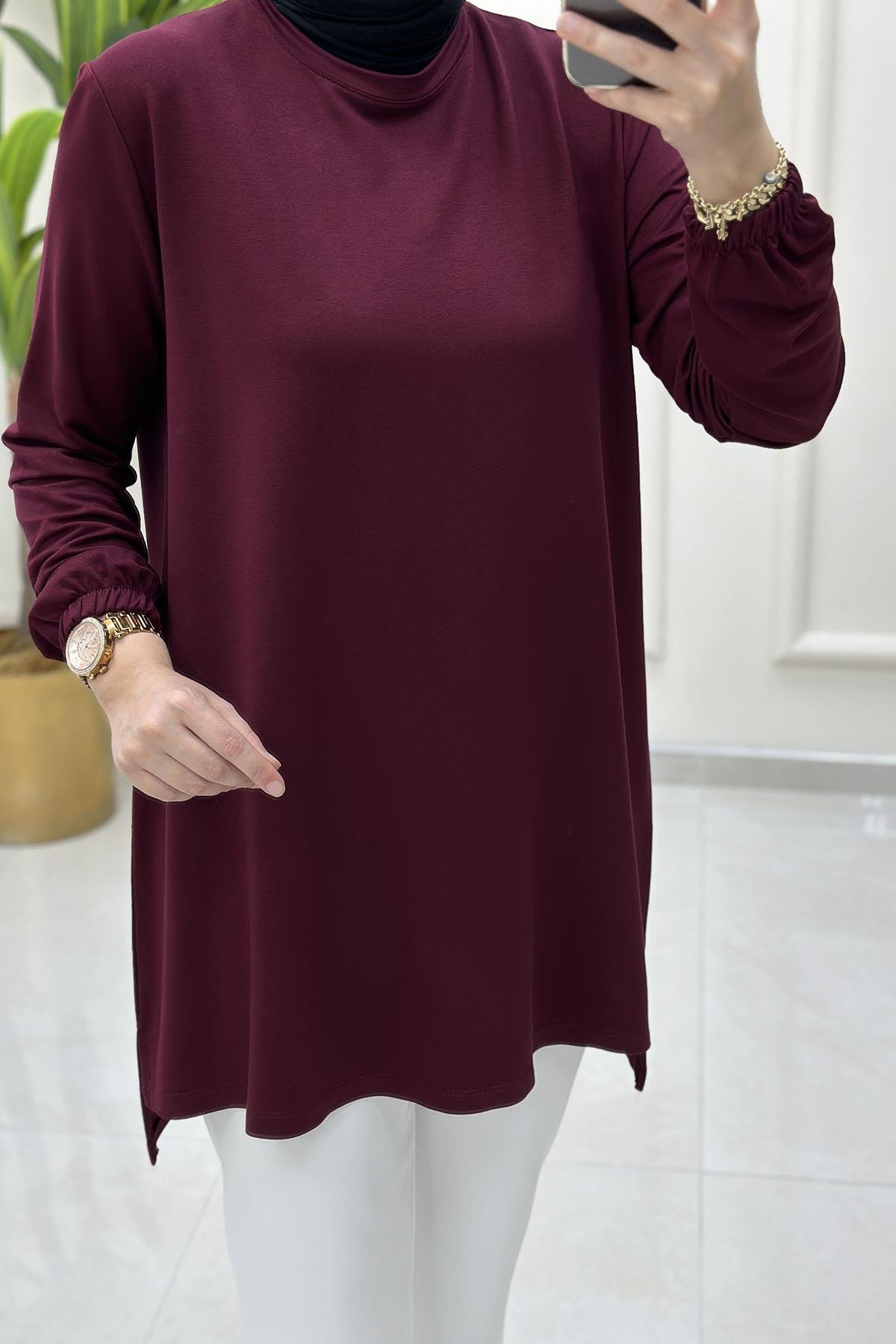 Tesettür Tunik ModelleriKolu Büzgü Detaylı Beyzik Kadın Tunik Bordo KADO 257660