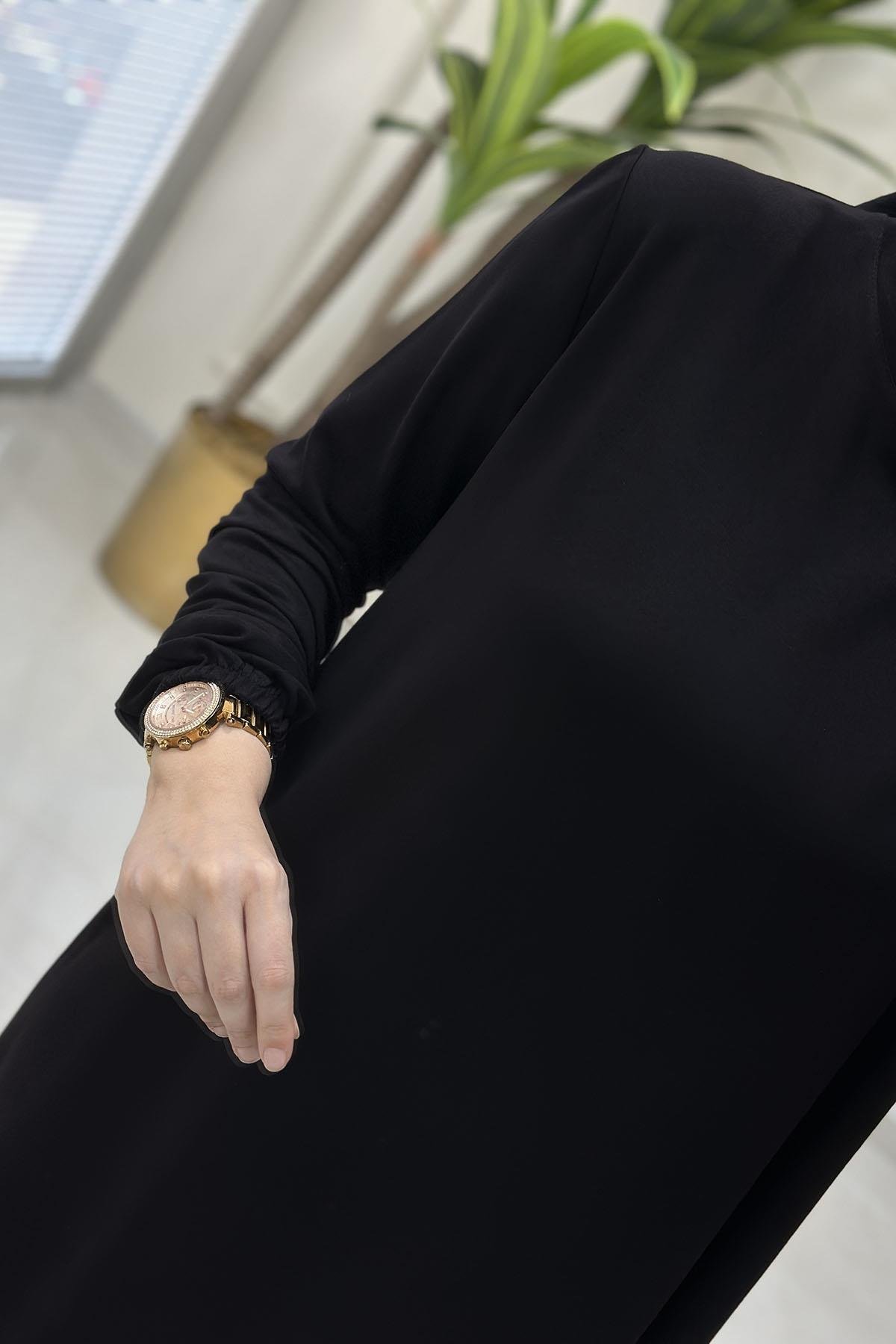 Tesettür Tunik ModelleriKolu Büzgü Detaylı Beyzik Kadın Tunik Siyah KADO 257660