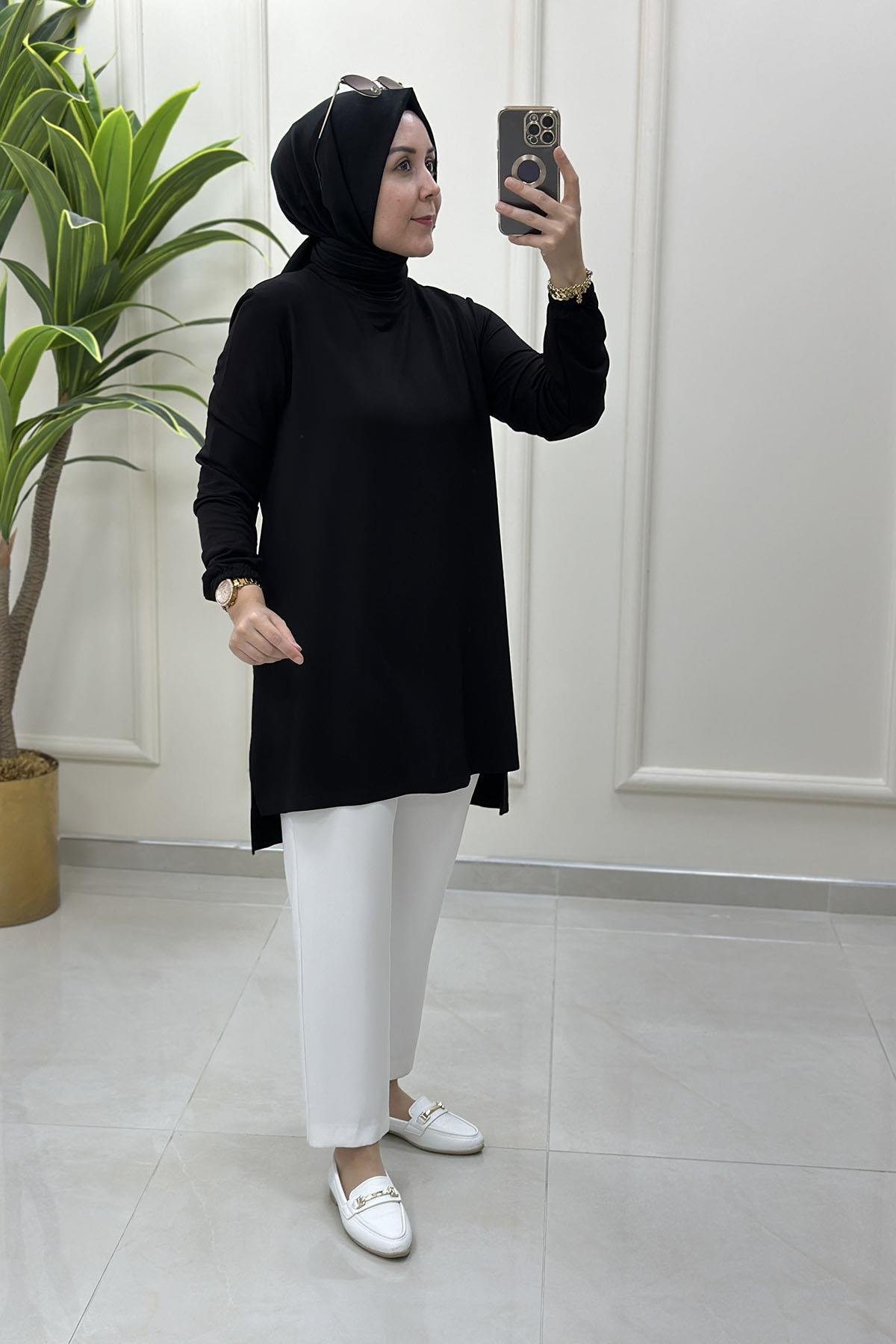 Tesettür Tunik ModelleriKolu Büzgü Detaylı Beyzik Kadın Tunik Siyah KADO 257660