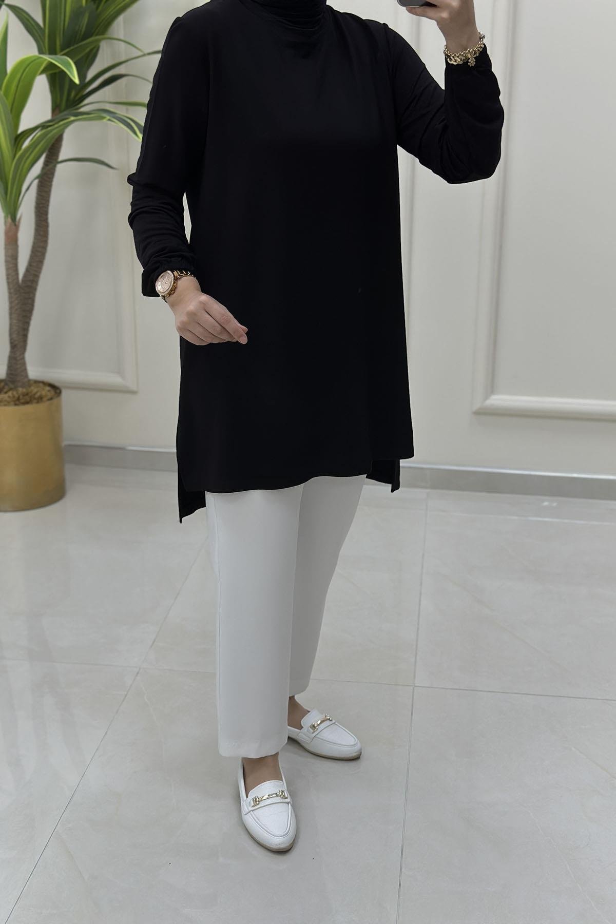 Tesettür Tunik ModelleriKolu Büzgü Detaylı Beyzik Kadın Tunik Siyah KADO 257660