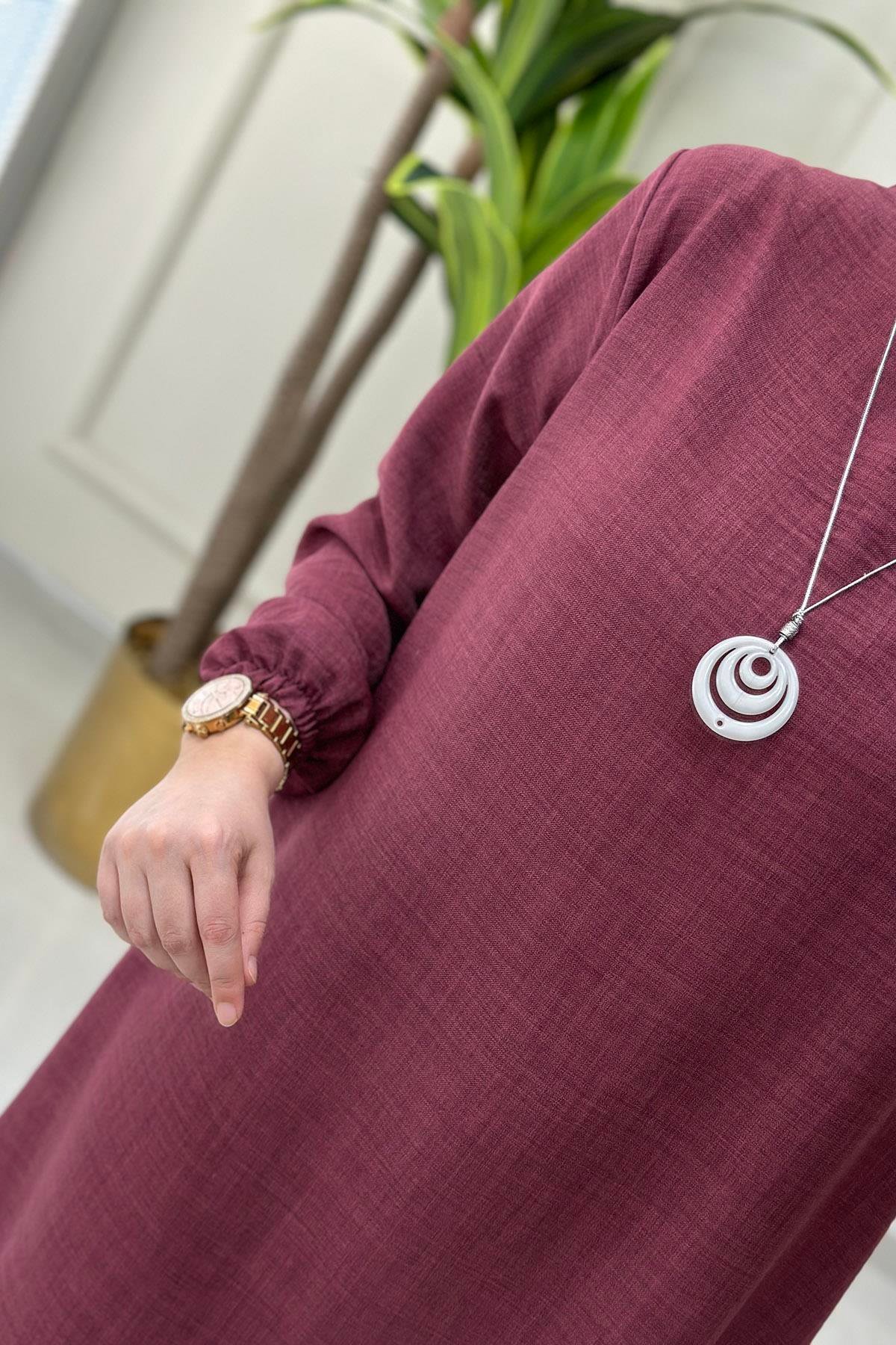 Tesettür Tunik ModelleriKolu Büzgülü Kolyeli Kadın Tunik Gül Kurusu KADO 4525