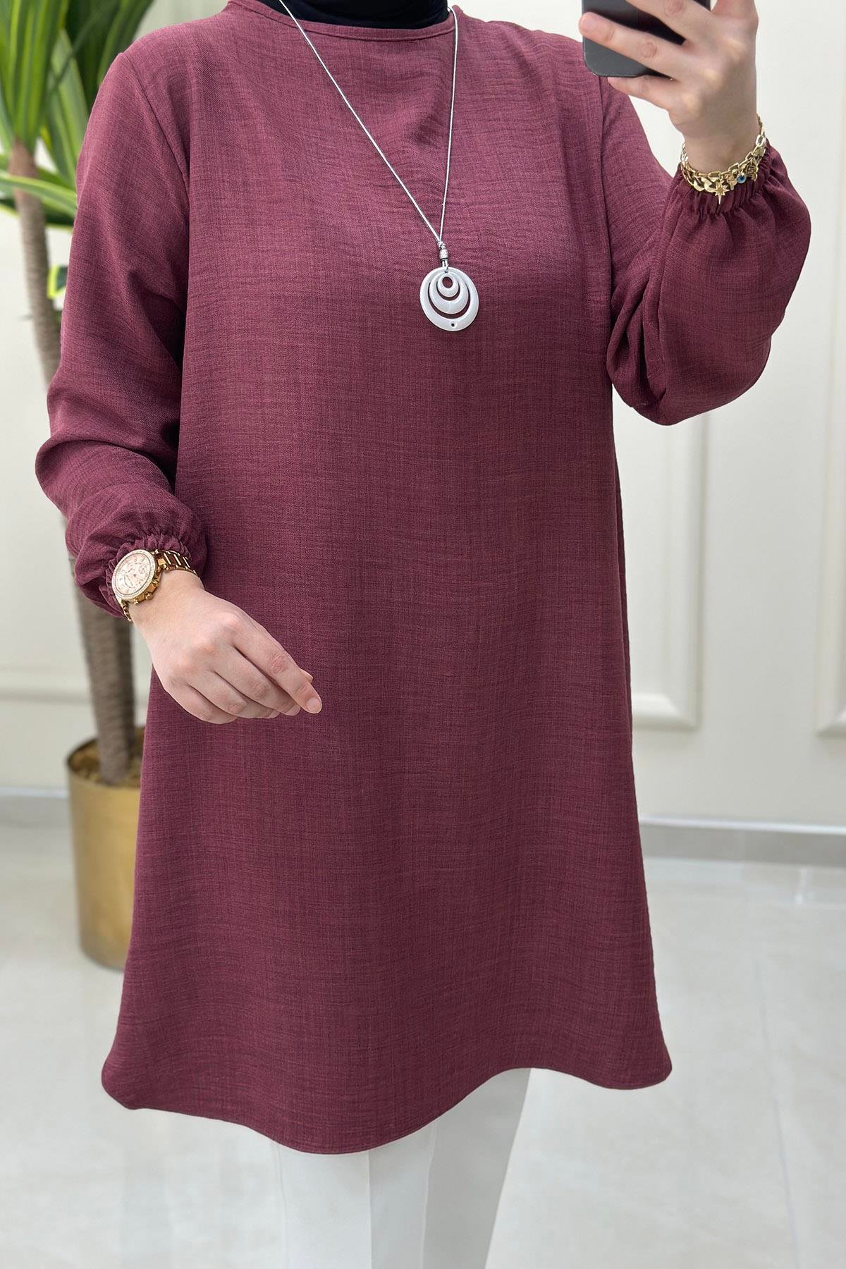 Tesettür Tunik ModelleriKolu Büzgülü Kolyeli Kadın Tunik Gül Kurusu KADO 4525