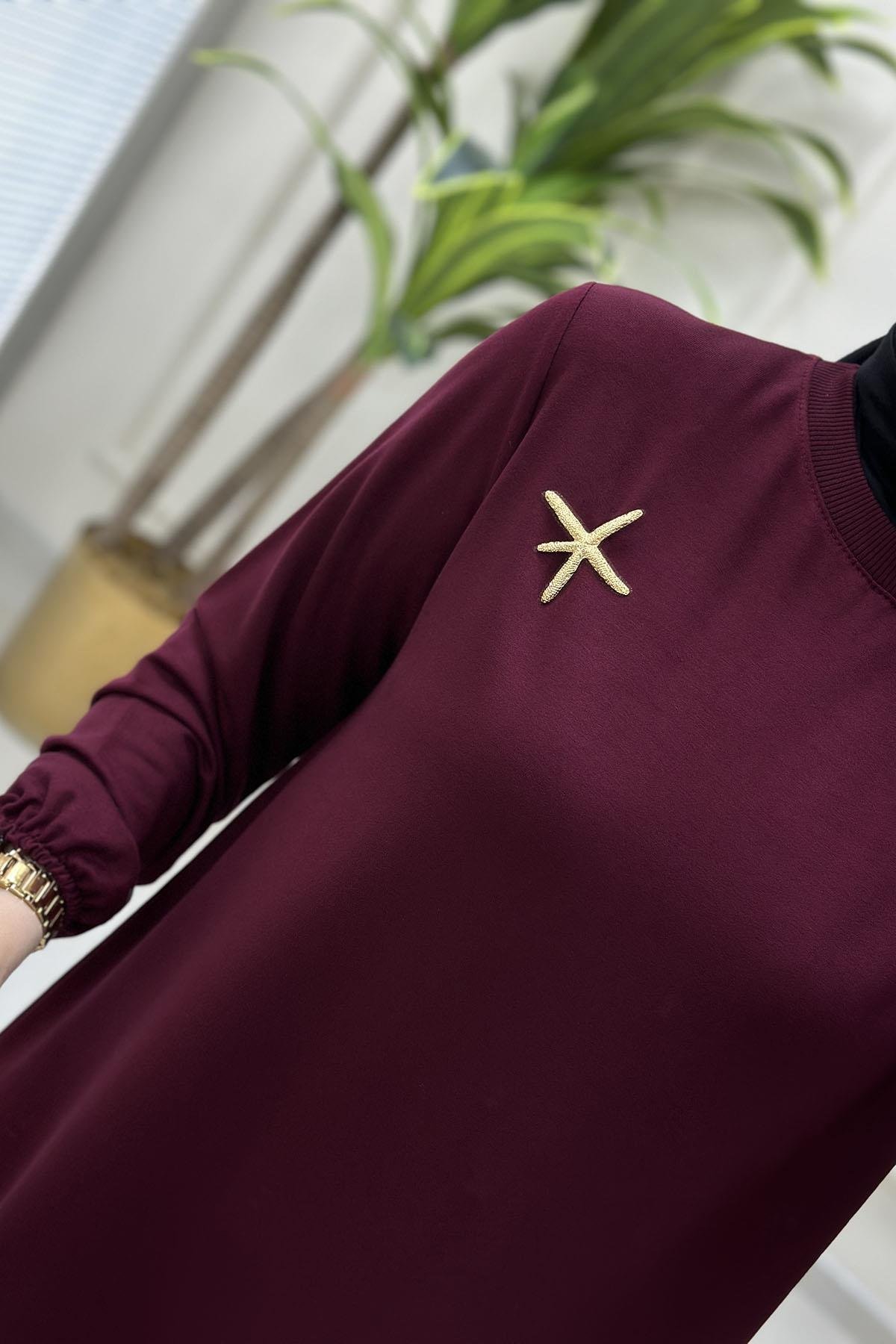 Tesettür Tunik ModelleriKolu Lastikli Broş Detaylı Kadın Tunik Bordo KADO 251784