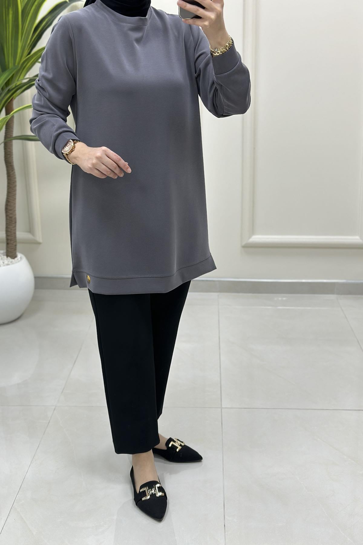 Tesettür Tunik ModelleriModal Oysho Etek Ucu Arma Detaylı Basic Kadın Tunik Gri KADO 257844