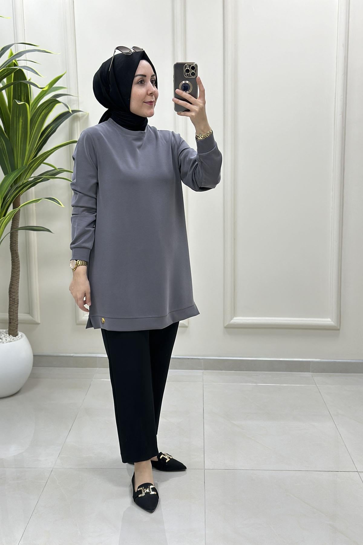 Tesettür Tunik ModelleriModal Oysho Etek Ucu Arma Detaylı Basic Kadın Tunik Gri KADO 257844