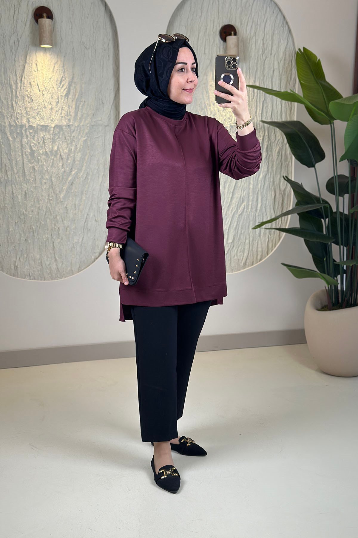 Tesettür Tunik ModelleriModal Oysho Önü Biyeli Kadın Tunik Açık Bordo KADO 269390