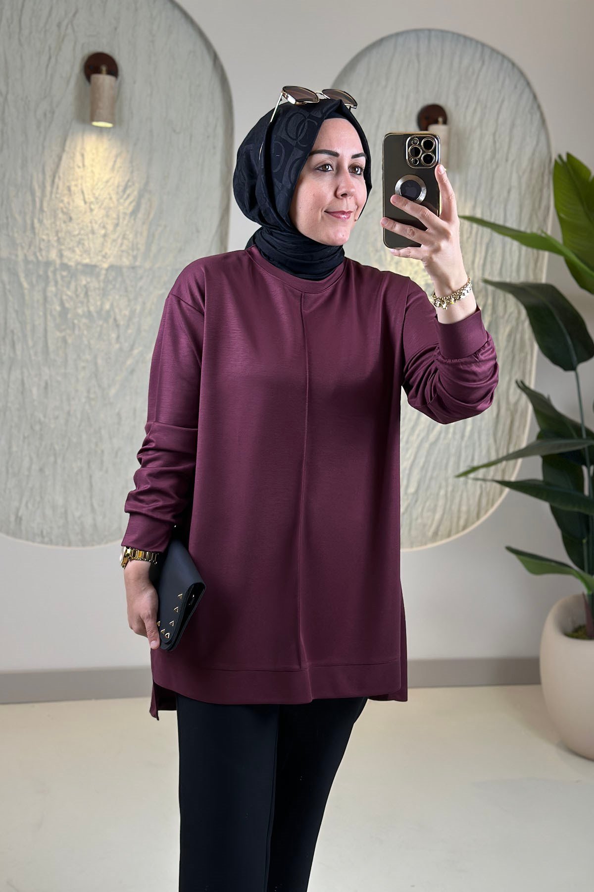 Tesettür Tunik ModelleriModal Oysho Önü Biyeli Kadın Tunik Açık Bordo KADO 269390