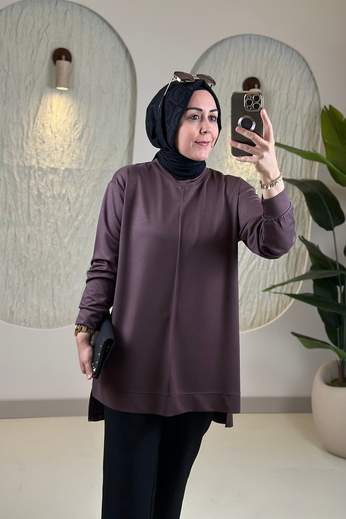 Tesettür Tunik ModelleriModal Oysho Önü Biyeli Kadın Tunik Kahverengi KADO 269390