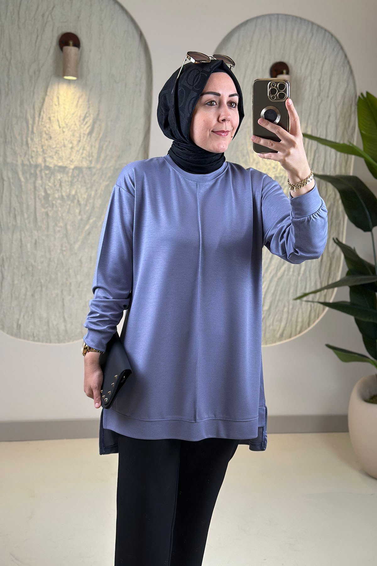 Tesettür Tunik ModelleriModal Oysho Önü Biyeli Kadın Tunik Mavi KADO 269390