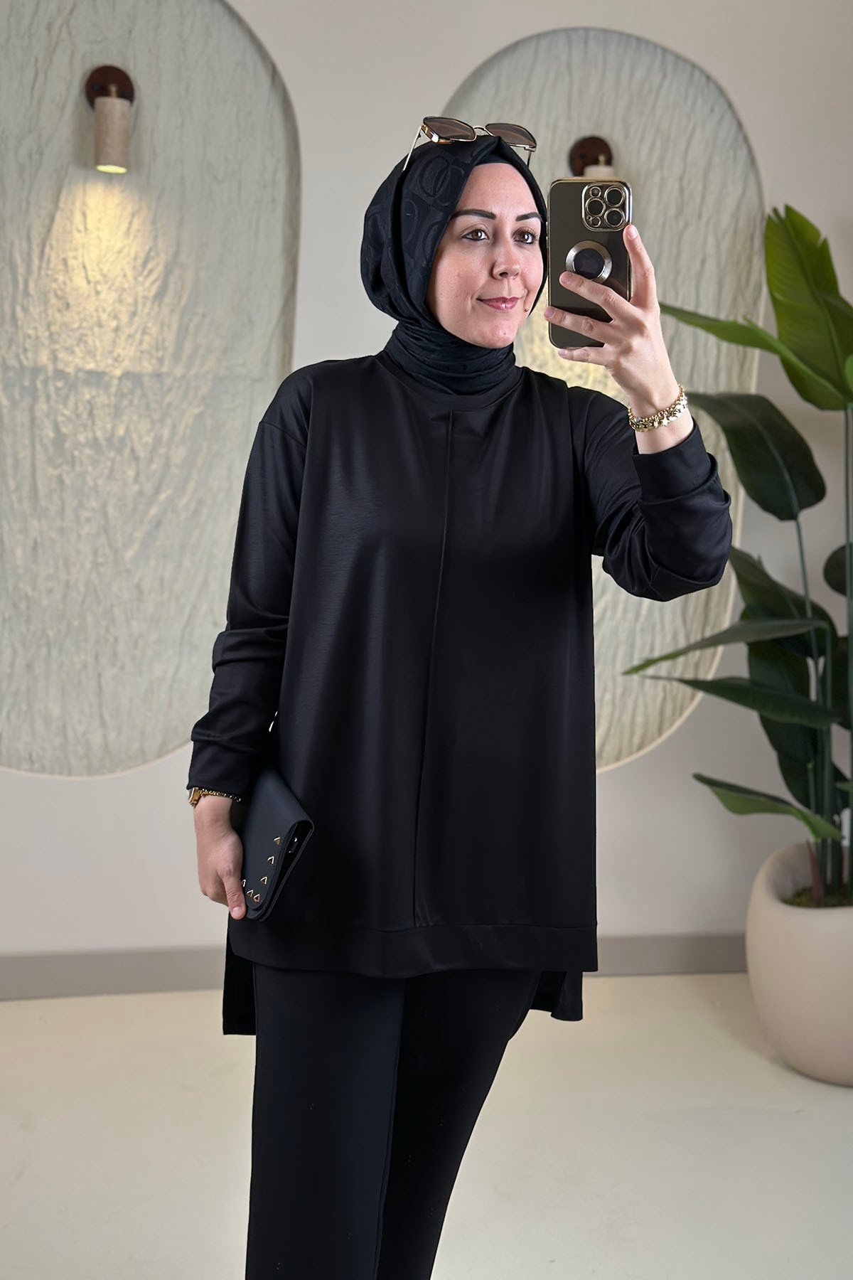 Tesettür Tunik ModelleriModal Oysho Önü Biyeli Kadın Tunik Siyah KADO 269390