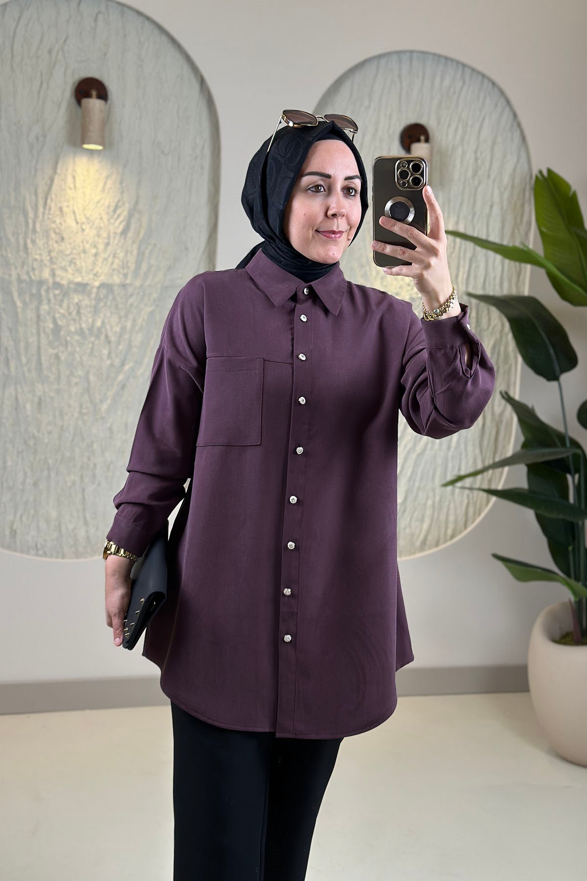 Tesettür Tunik ModelleriModal Tensel Düşük Omuz Tek Cepli Kadın Tunik Mürdüm KADO 268254