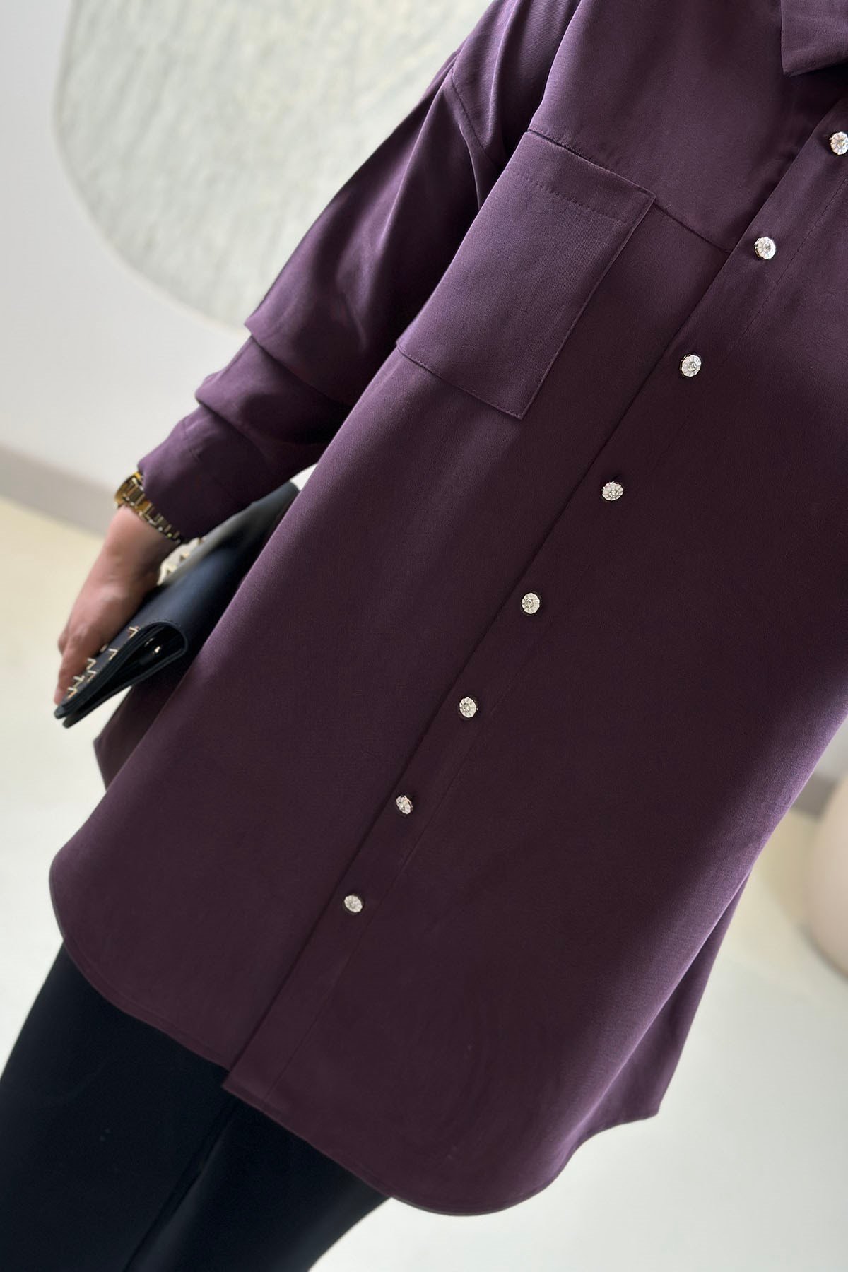 Tesettür Tunik ModelleriModal Tensel Düşük Omuz Tek Cepli Kadın Tunik Mürdüm KADO 268254