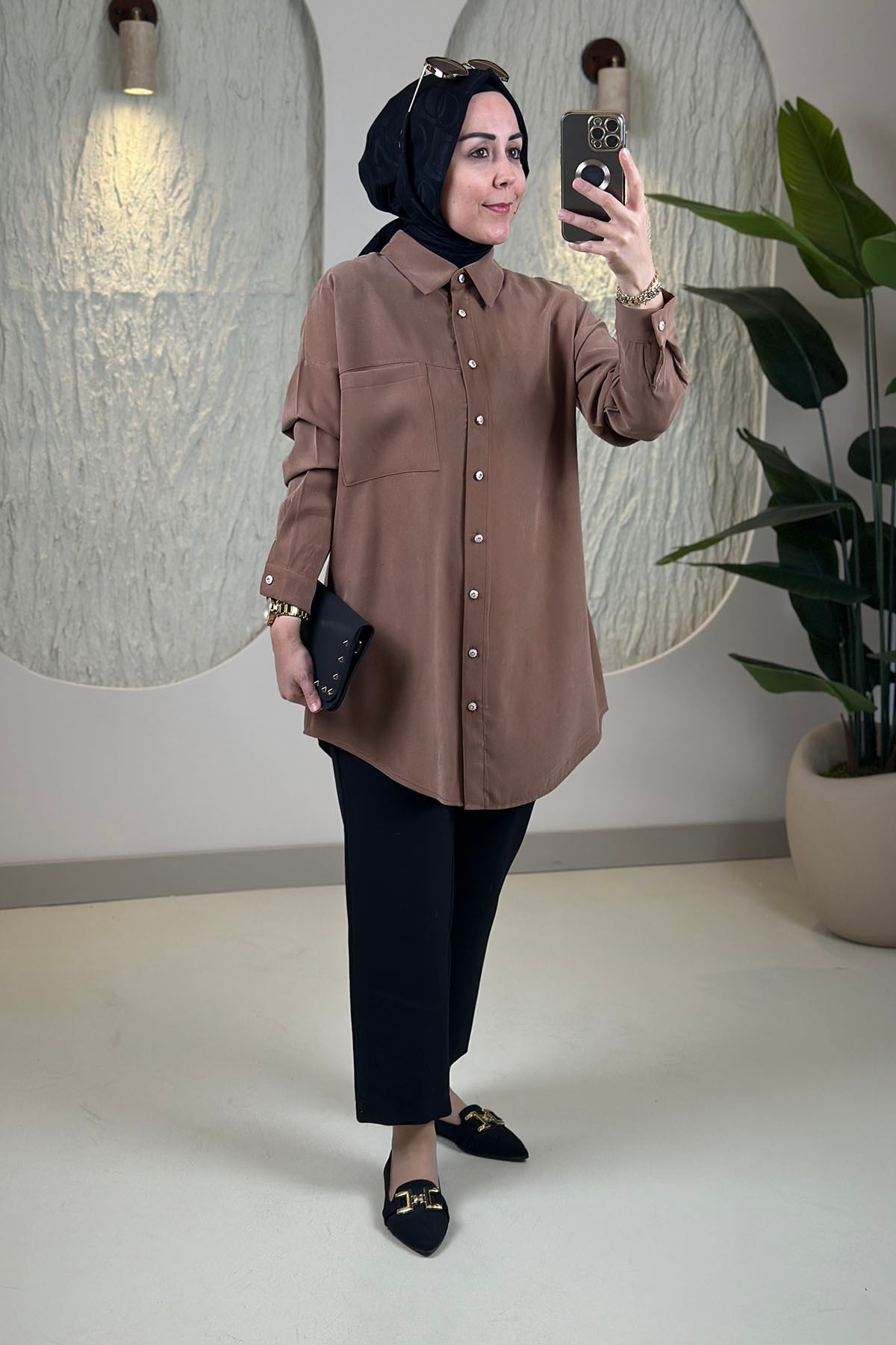 Tesettür Tunik ModelleriModal Tensel Düşük Omuz Tek Cepli Kadın Tunik Camel KADO 268254