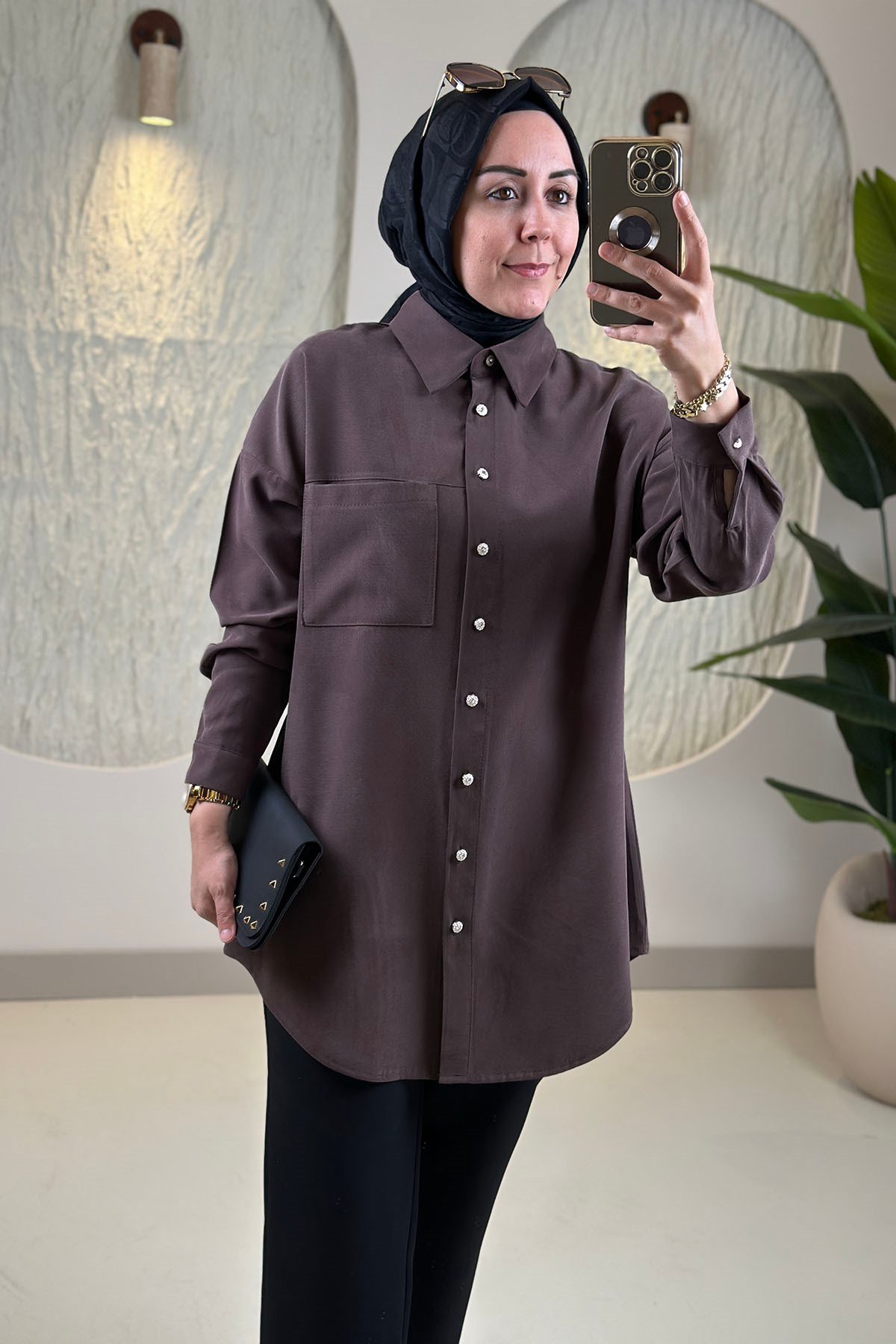Tesettür Tunik ModelleriModal Tensel Düşük Omuz Tek Cepli Kadın Tunik Kahverengi KADO 268254