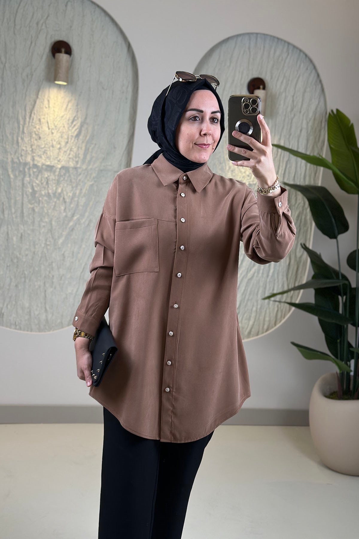 Tesettür Tunik ModelleriModal Tensel Düşük Omuz Tek Cepli Kadın Tunik Camel KADO 268254