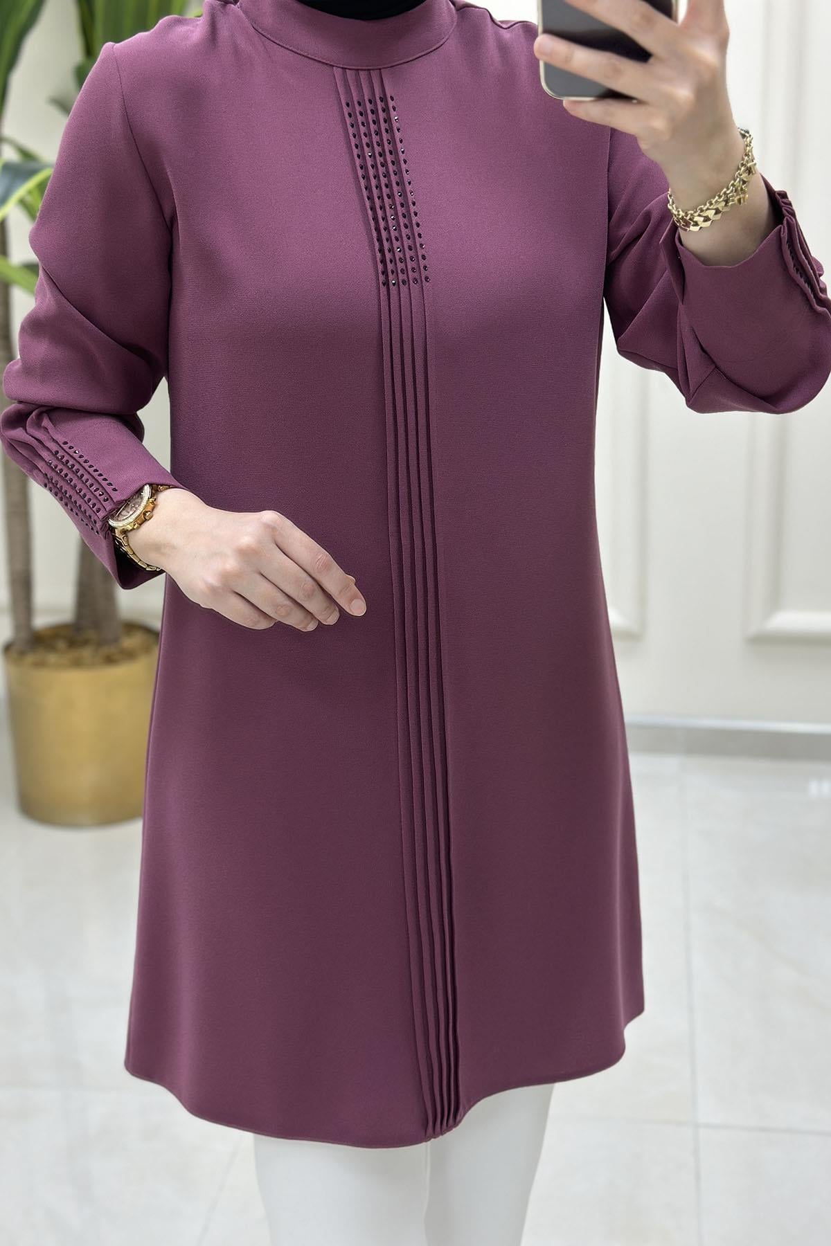 Tesettür Tunik ModelleriÖn ve Kol Çimalı Taş Detaylı Kadın Tunik Gül Kurusu HYA 1525