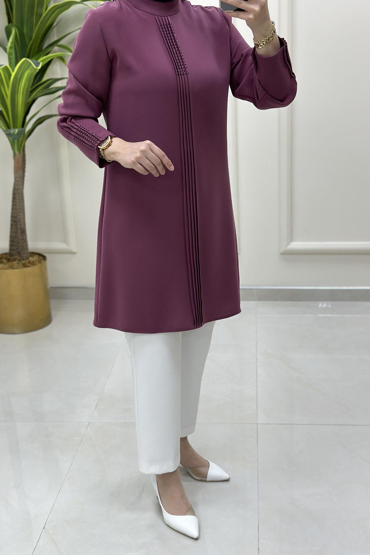 Tesettür Tunik ModelleriÖn ve Kol Çimalı Taş Detaylı Kadın Tunik Gül Kurusu HYA 1525