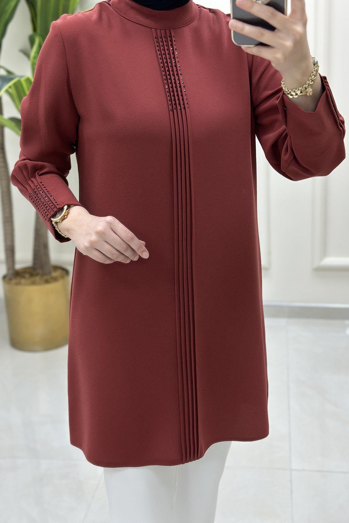 Tesettür Tunik ModelleriÖn ve Kol Çimalı Taş Detaylı Kadın Tunik Kızıl Kiremit HYA 1525
