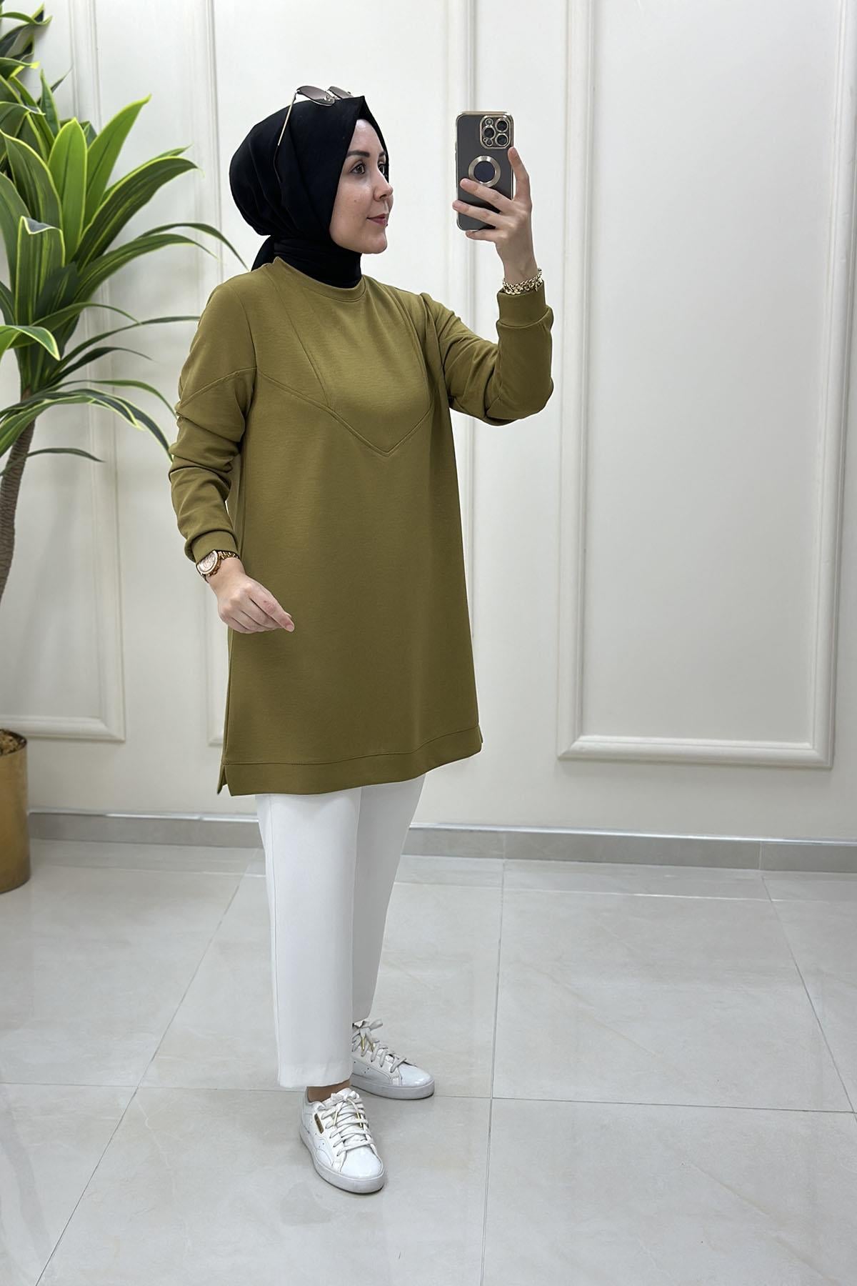 Tesettür Tunik ModelleriÖn ve Kol Dikiş Detaylı Oysho Kadın Tunik Yağ Yeşili KADO 257320
