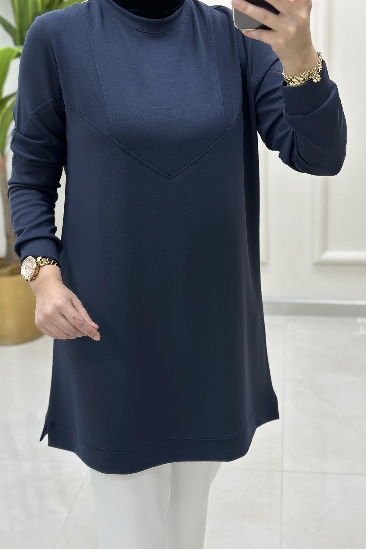 Tesettür Tunik ModelleriÖn ve Kol Dikiş Detaylı Oysho Kadın Tunik Antrasit KADO 257320