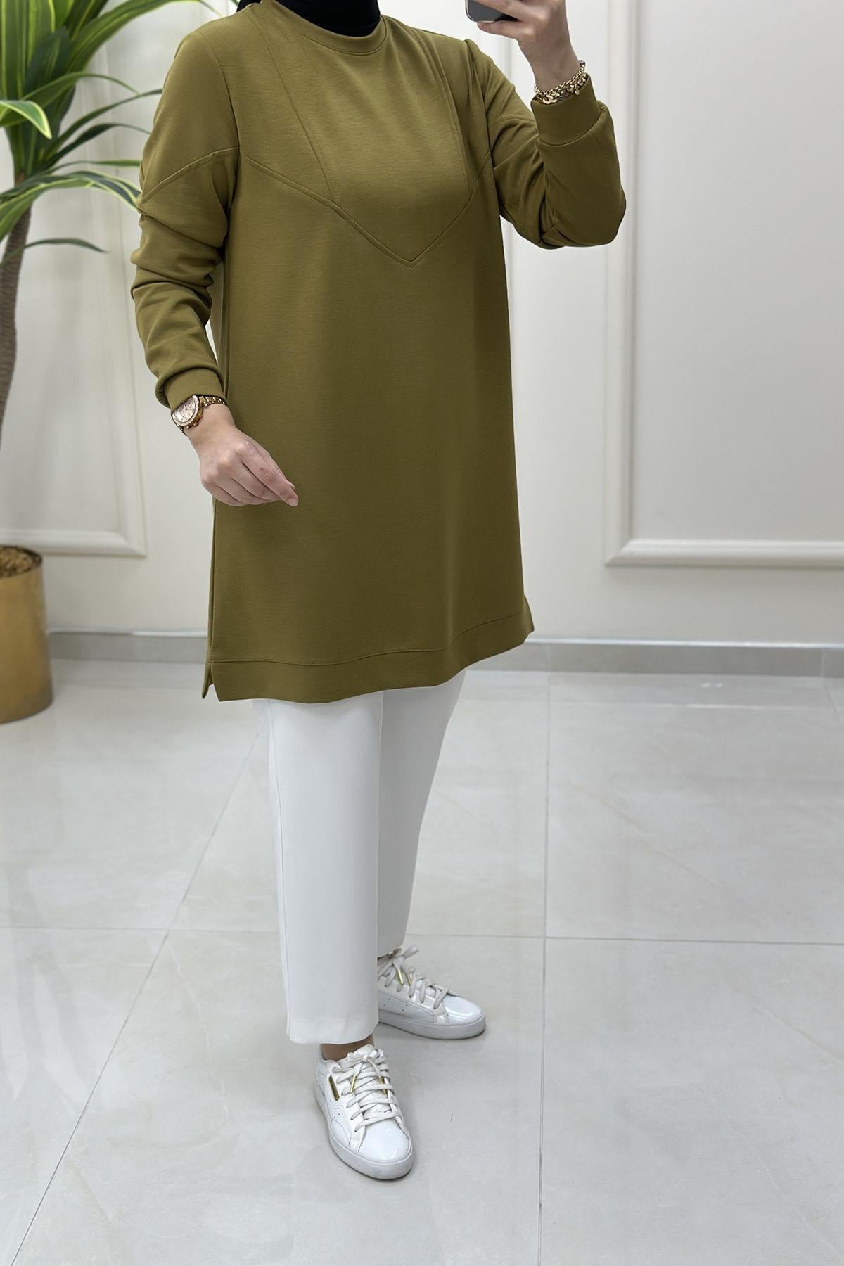 Tesettür Tunik ModelleriÖn ve Kol Dikiş Detaylı Oysho Kadın Tunik Yağ Yeşili KADO 257320