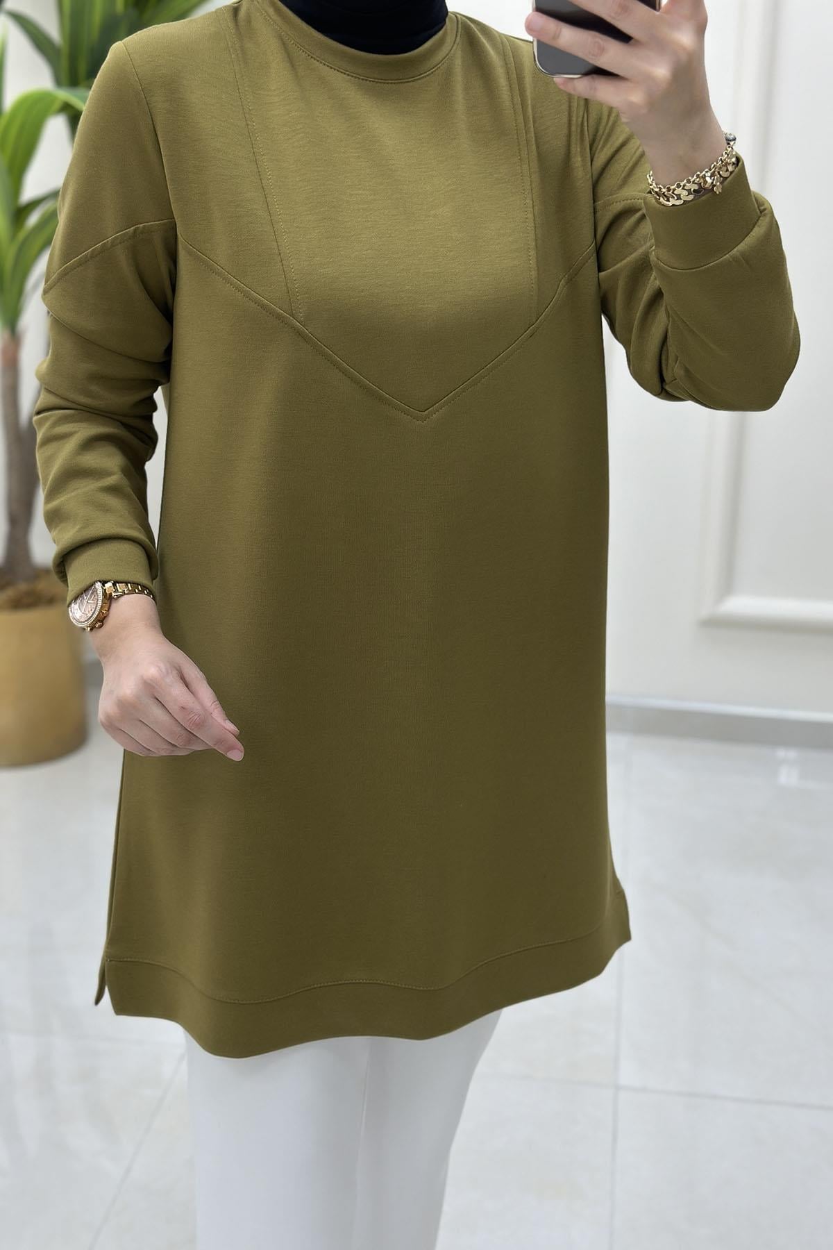 Tesettür Tunik ModelleriÖn ve Kol Dikiş Detaylı Oysho Kadın Tunik Yağ Yeşili KADO 257320