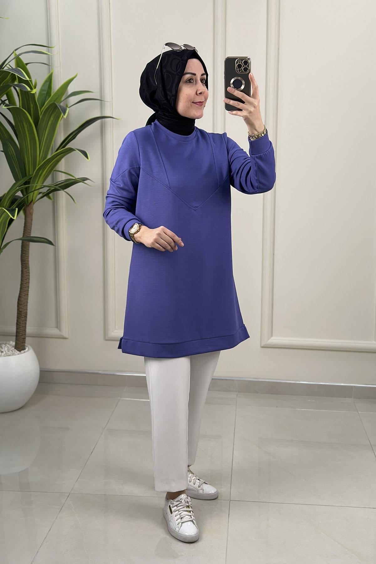 Tesettür Tunik ModelleriÖn ve Kol Dikiş Detaylı Oysho Kadın Tunik Mor KADO 257320