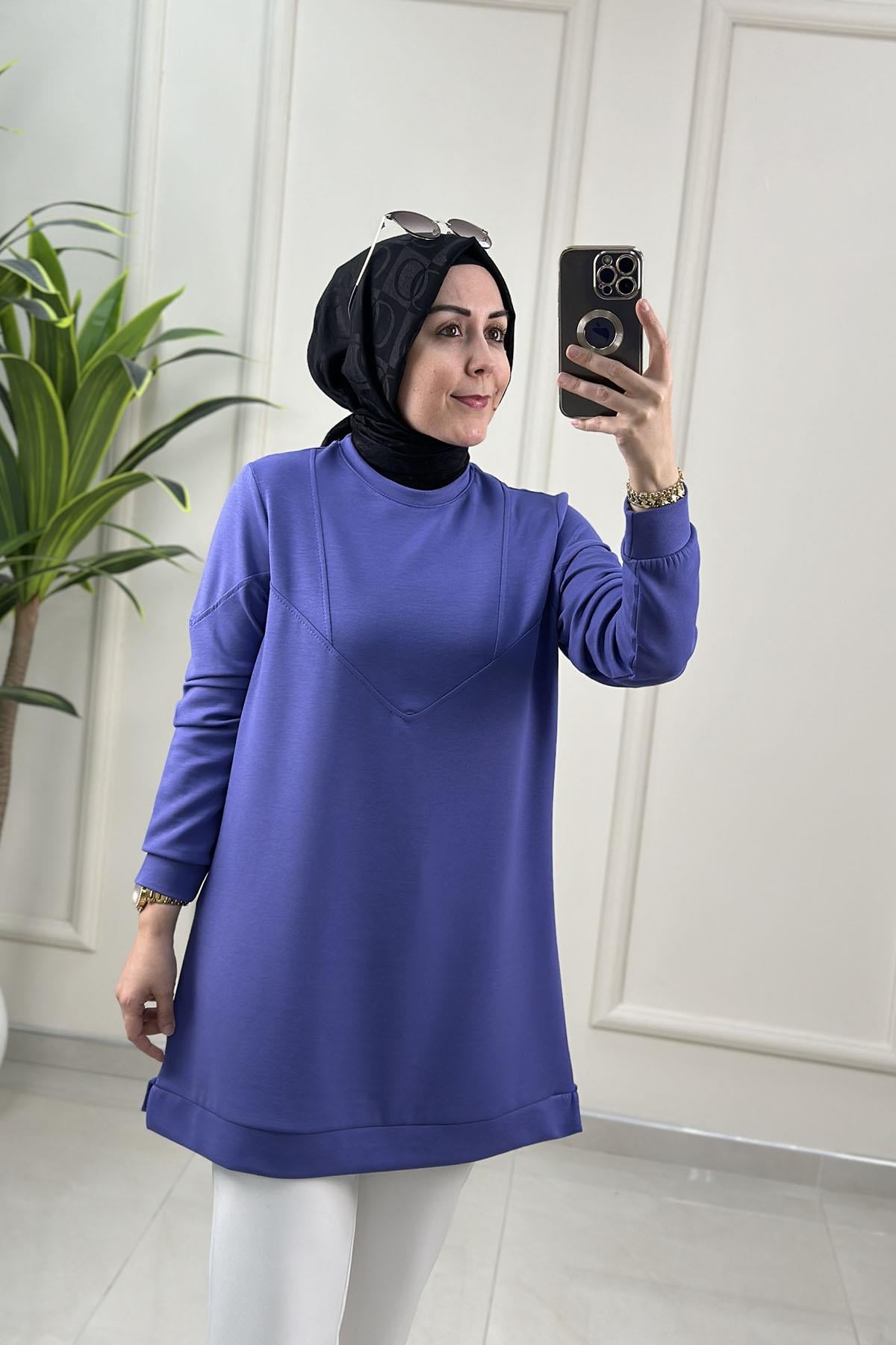 Tesettür Tunik ModelleriÖn ve Kol Dikiş Detaylı Oysho Kadın Tunik Mor KADO 257320