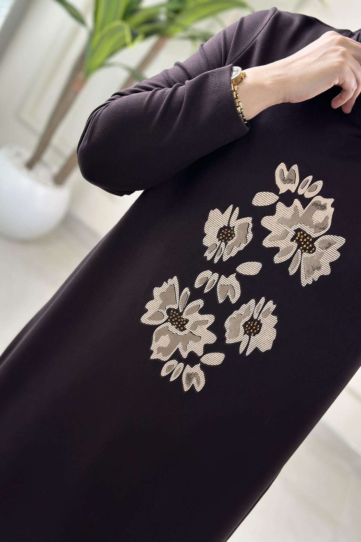 Tesettür Tunik ModelleriÖnü Baskı ve Taş Detaylı Kadın Tunik Kahverengi KADO 262912