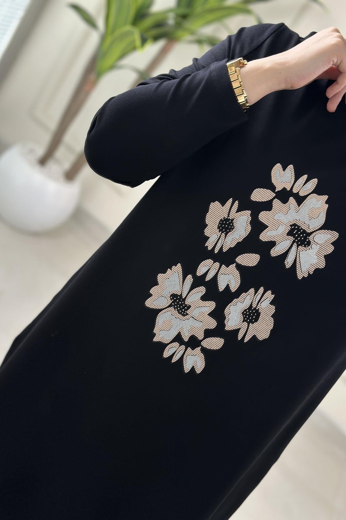 Tesettür Tunik ModelleriÖnü Baskı ve Taş Detaylı Kadın Tunik Siyah KADO 262912