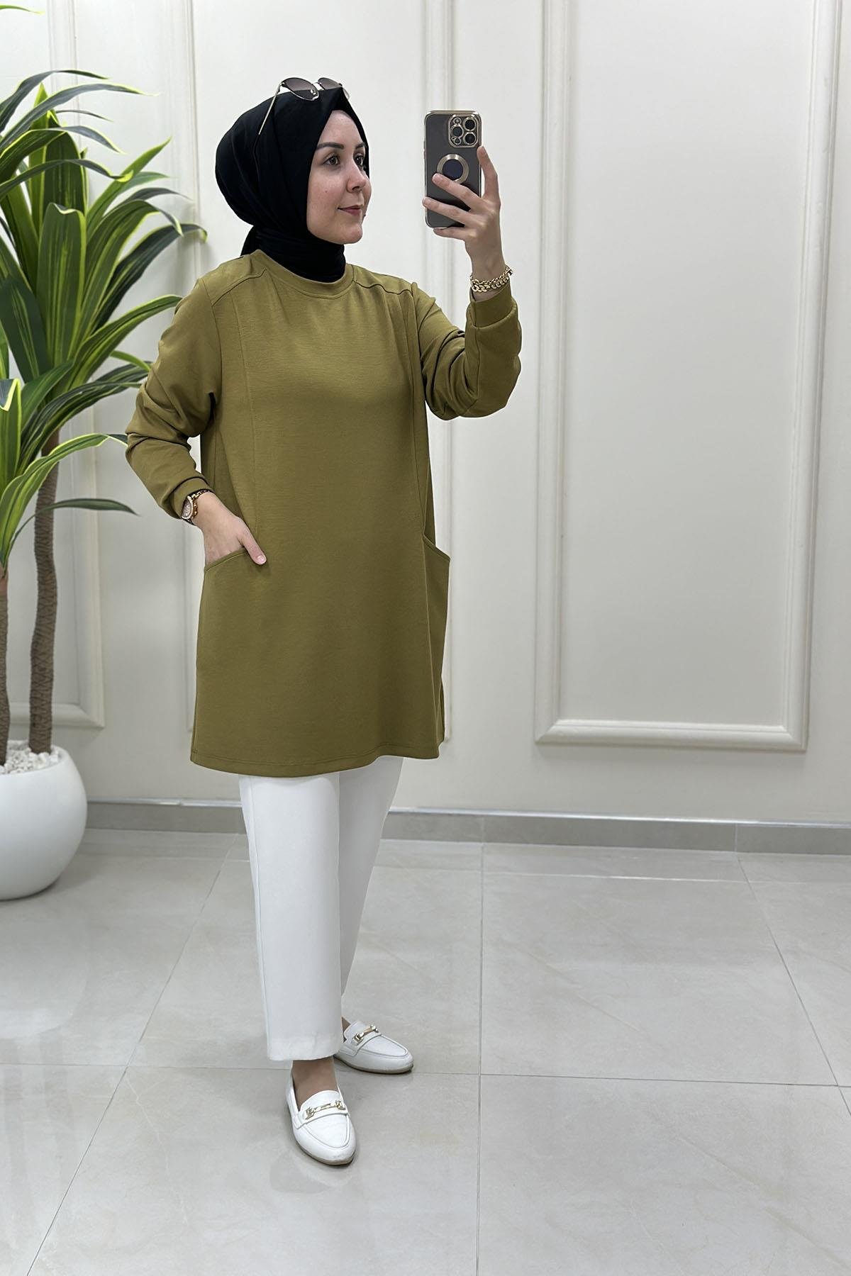 Tesettür Tunik ModelleriÖnü Cep Detaylı Oysho Kadın Tunik Yağ Yeşili KADO 257312