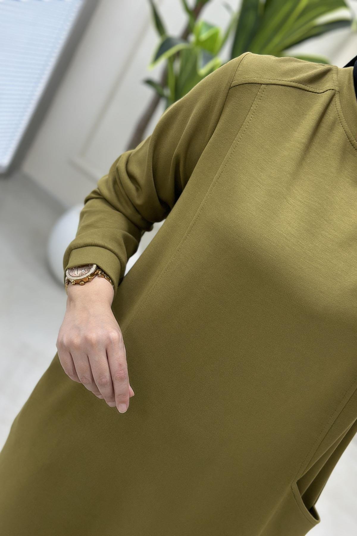 Tesettür Tunik ModelleriÖnü Cep Detaylı Oysho Kadın Tunik Yağ Yeşili KADO 257312