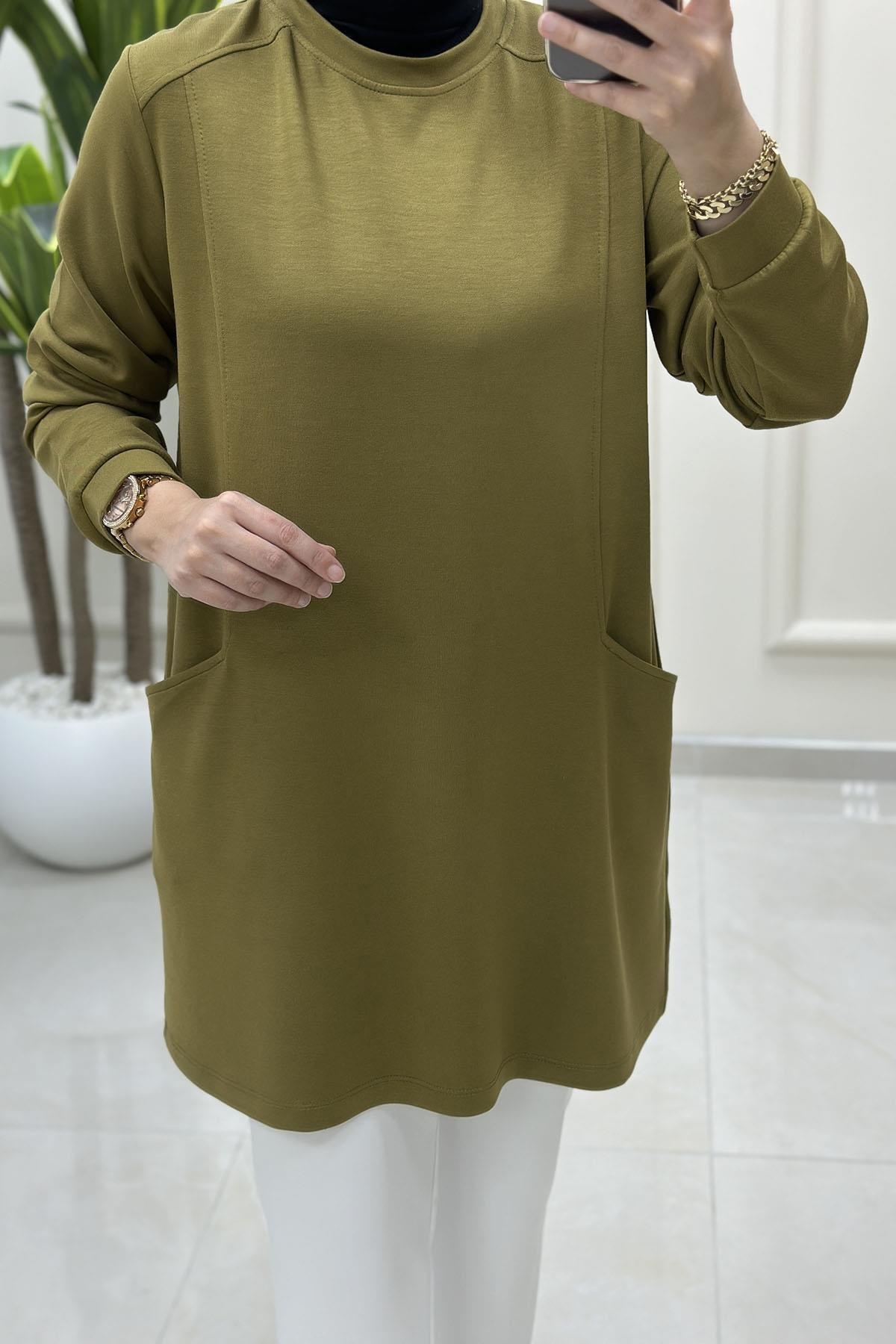 Tesettür Tunik ModelleriÖnü Cep Detaylı Oysho Kadın Tunik Yağ Yeşili KADO 257312