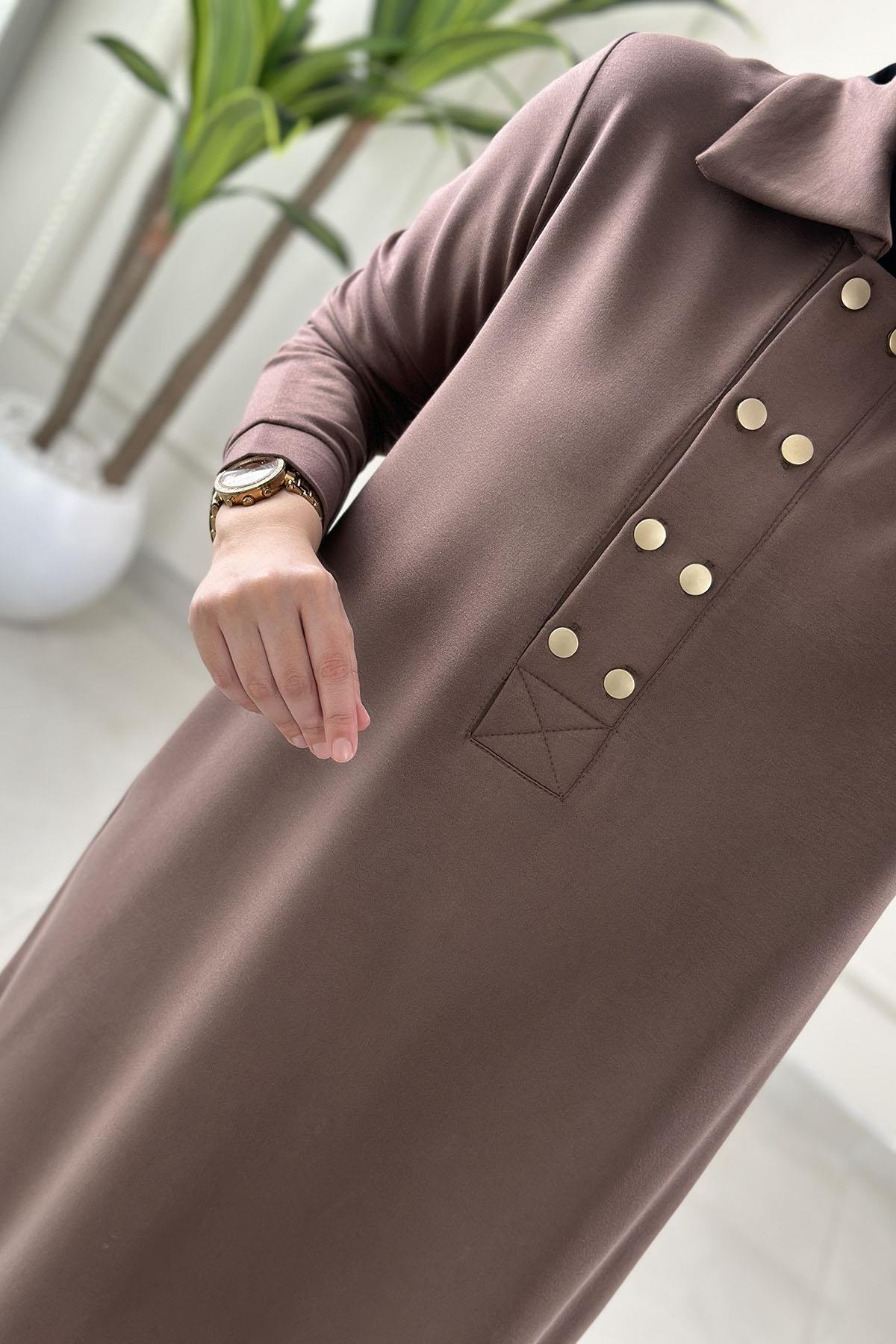 Tesettür Tunik ModelleriÖnü Çift Düğme Detaylı Yakalı Kadın Tunik Vizon KADO 257610