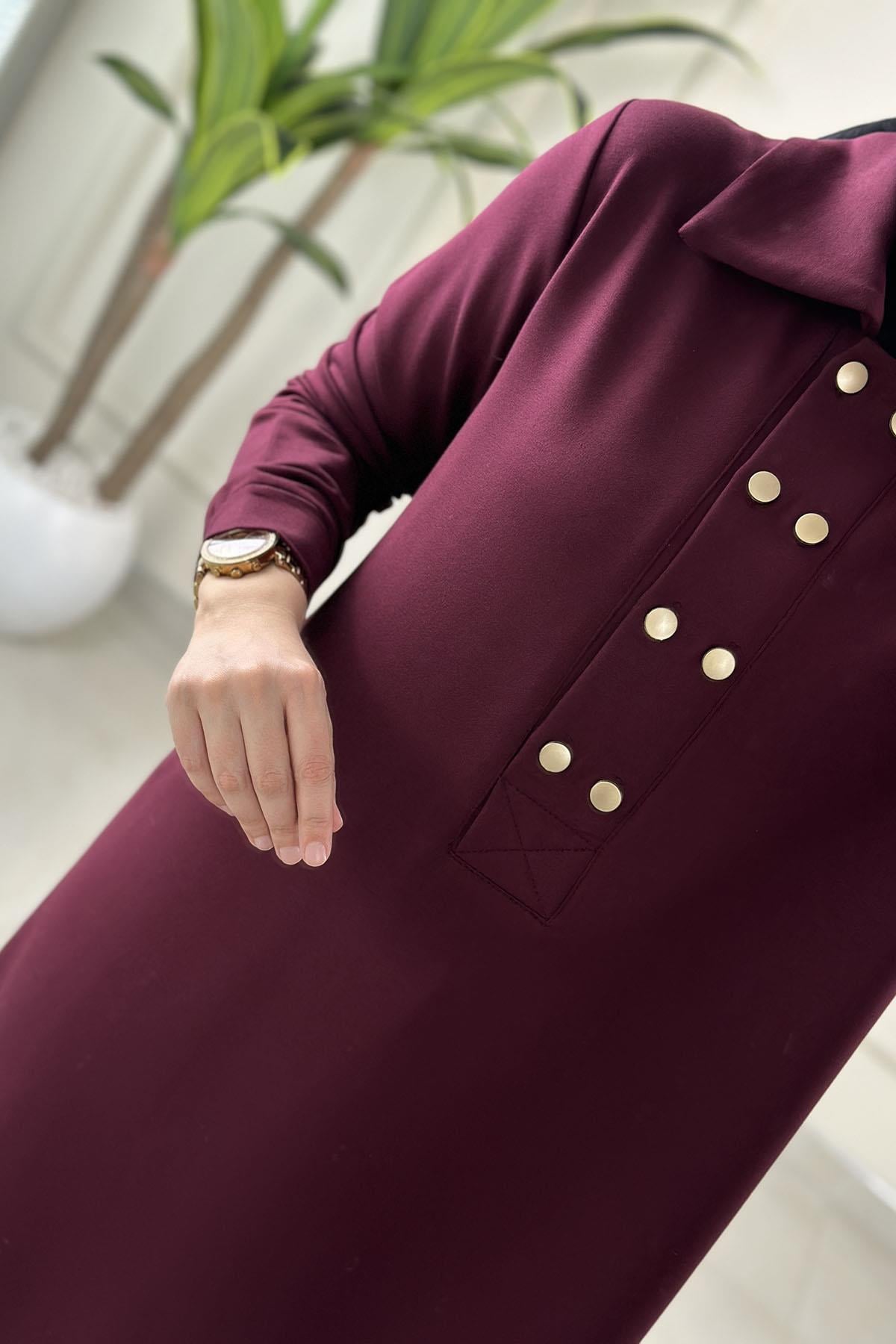 Tesettür Tunik ModelleriÖnü Çift Düğme Detaylı Yakalı Kadın Tunik Bordo KADO 257610