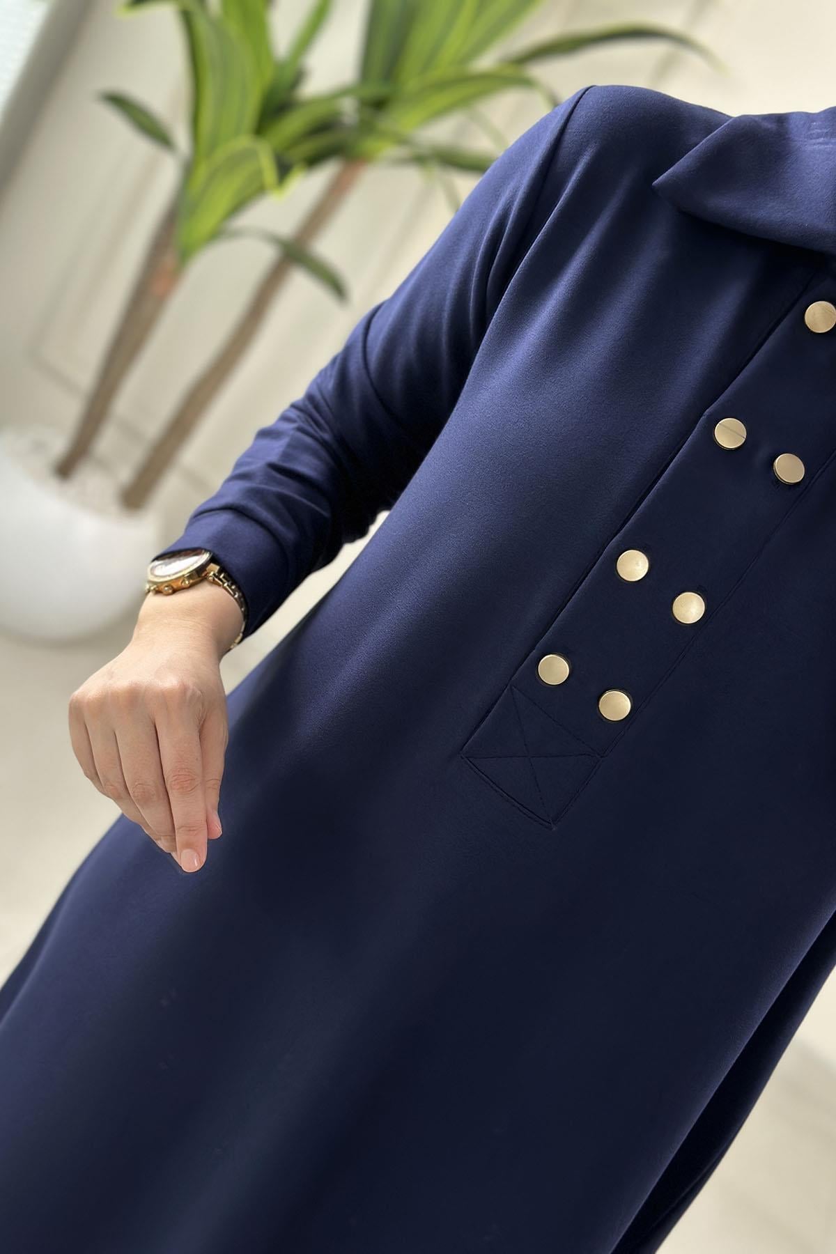Tesettür Tunik ModelleriÖnü Çift Düğme Detaylı Yakalı Kadın Tunik Lacivert KADO 257610