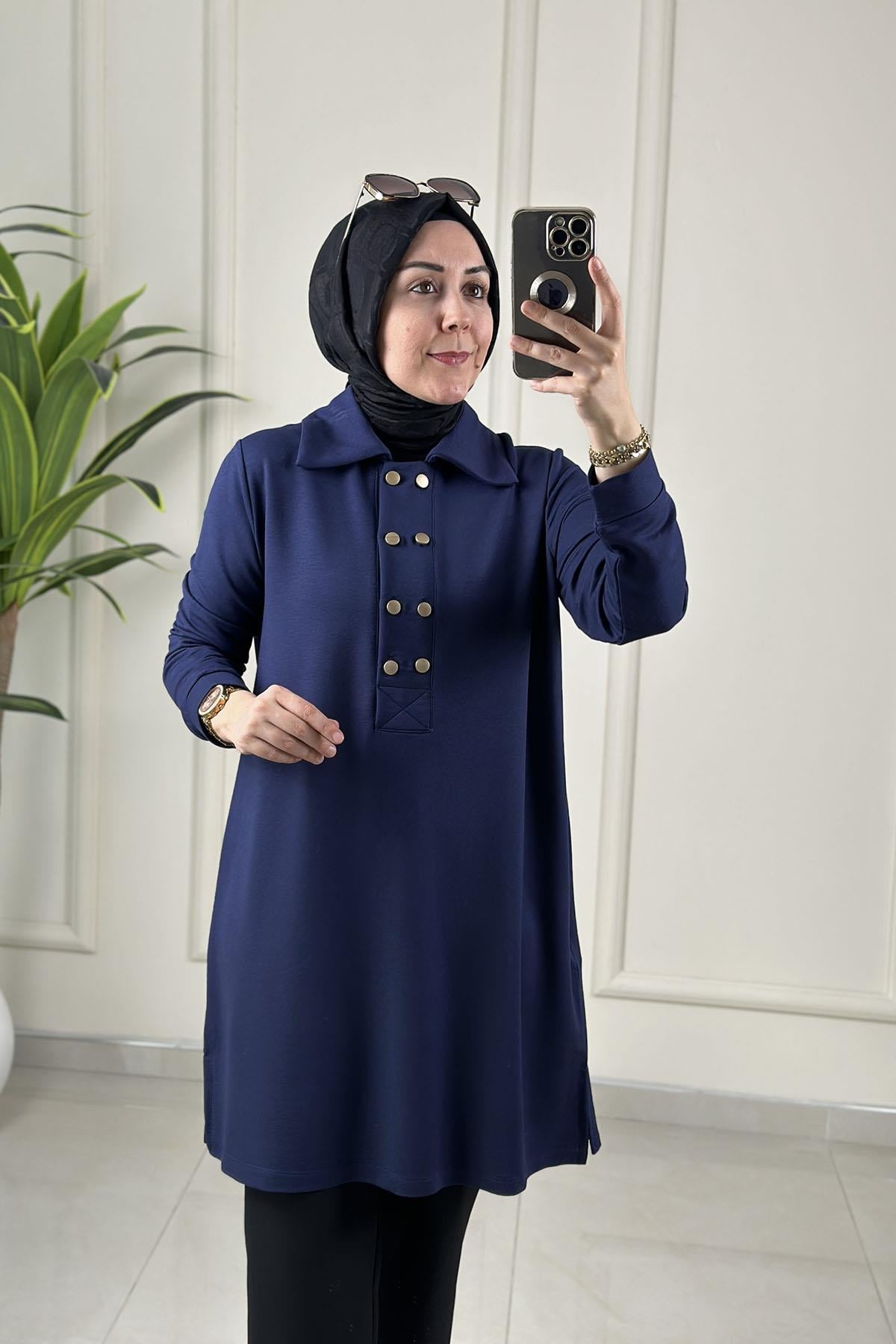 Tesettür Tunik ModelleriÖnü Çift Düğme Detaylı Yakalı Kadın Tunik Lacivert KADO 257610