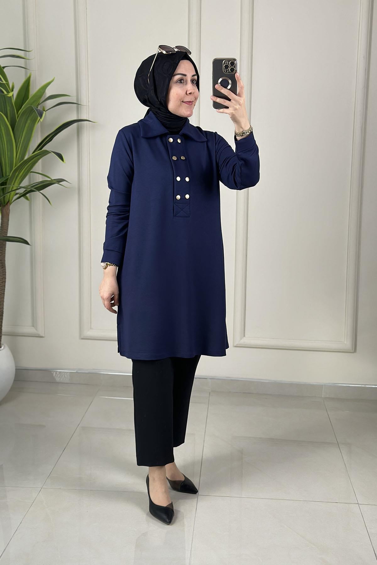 Tesettür Tunik ModelleriÖnü Çift Düğme Detaylı Yakalı Kadın Tunik Lacivert KADO 257610