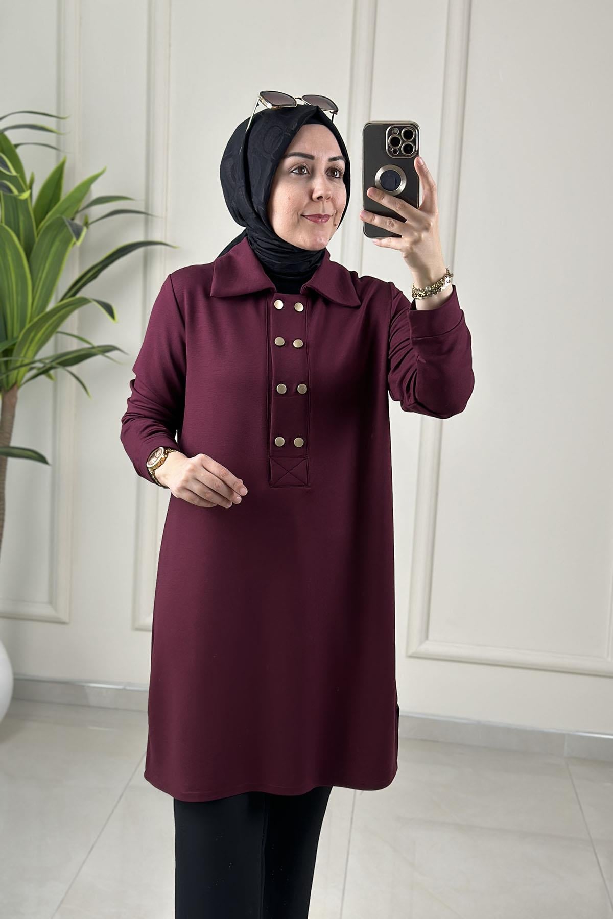 Tesettür Tunik ModelleriÖnü Çift Düğme Detaylı Yakalı Kadın Tunik Bordo KADO 257610