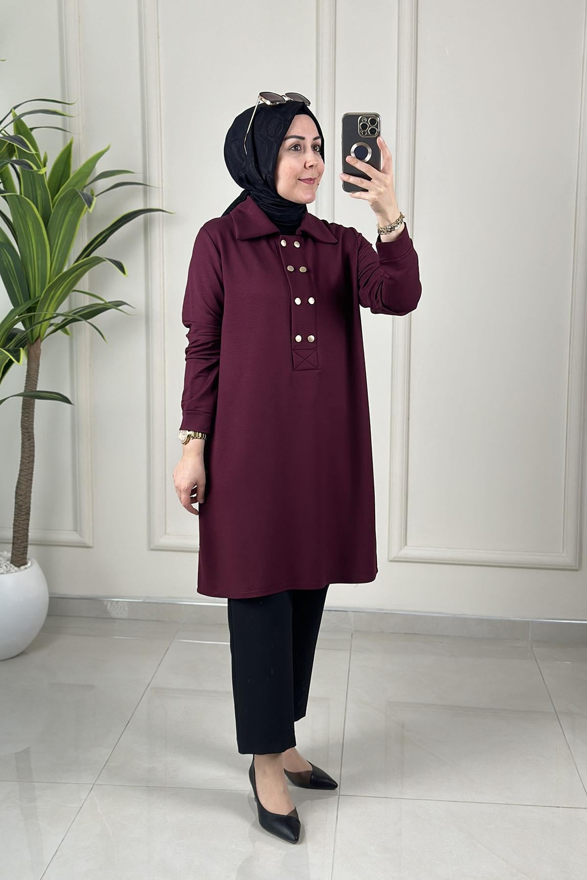 Tesettür Tunik ModelleriÖnü Çift Düğme Detaylı Yakalı Kadın Tunik Bordo KADO 257610