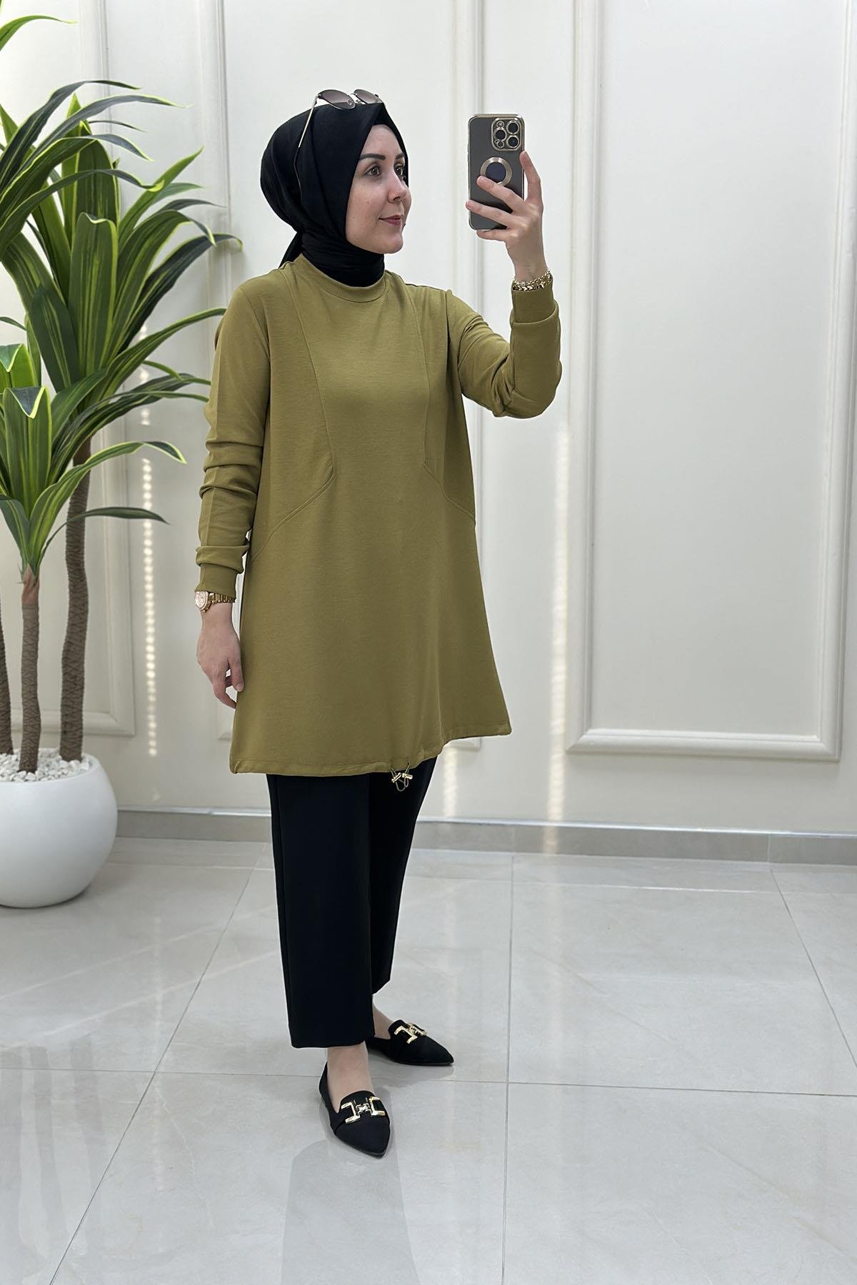 Tesettür Tunik ModelleriÖnü Dikiş Modelli Eteği Büzgülü Kadın Oysho Tunik Yağ Yeşili KADO 257318