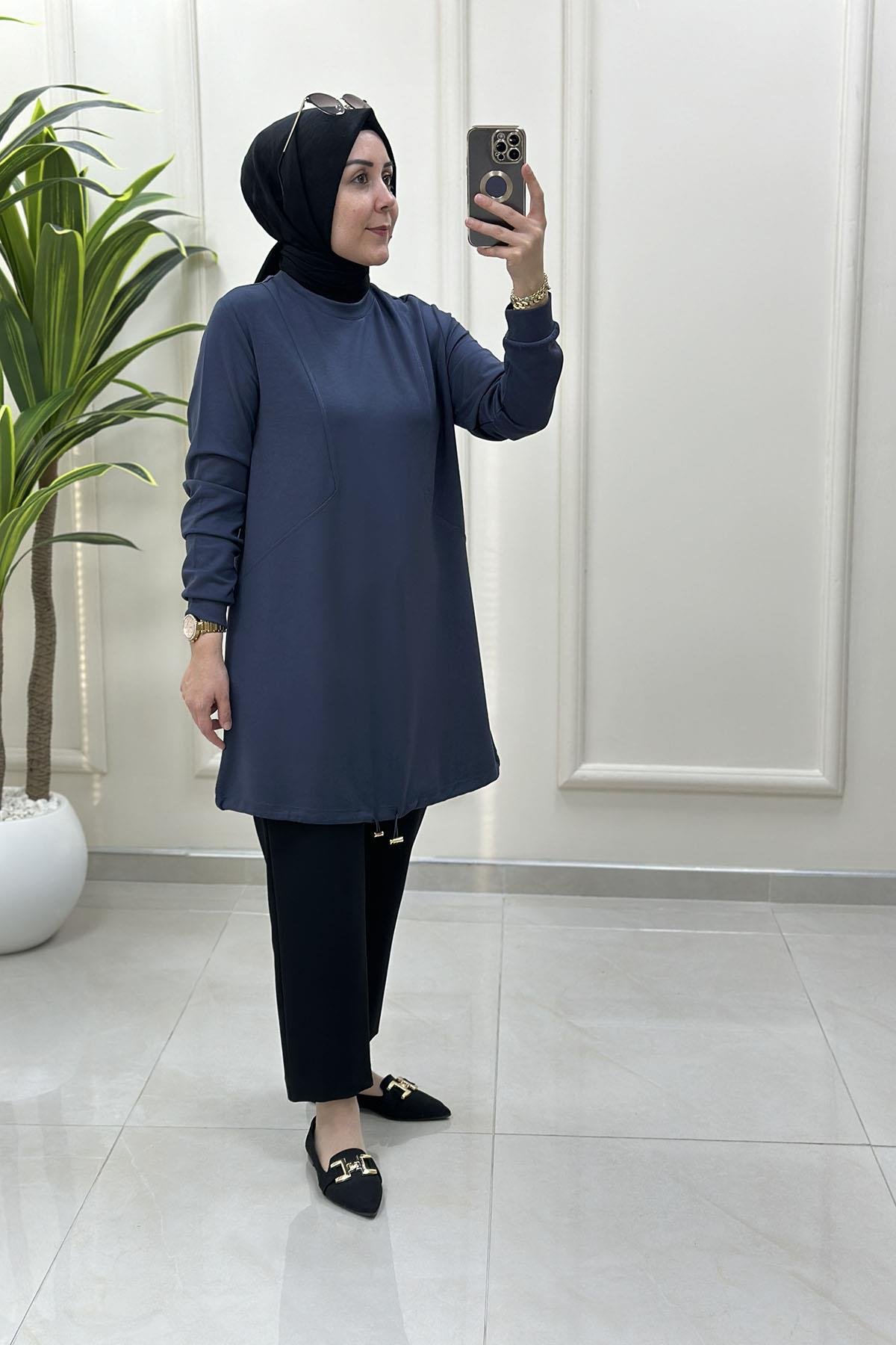 Tesettür Tunik ModelleriÖnü Dikiş Modelli Eteği Büzgülü Kadın Oysho Tunik Antrasit KADO 257318