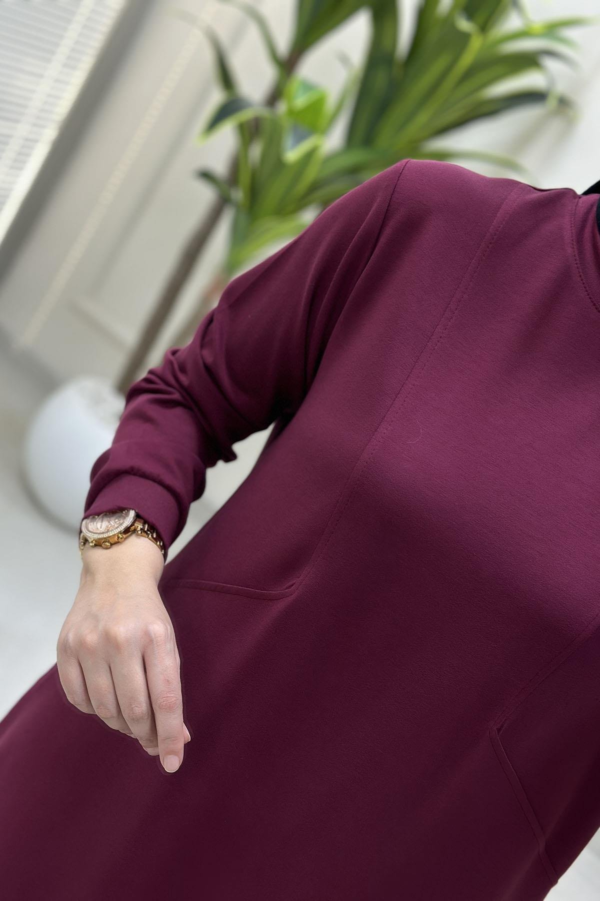 Tesettür Tunik ModelleriÖnü Dikiş Modelli Eteği Büzgülü Kadın Oysho Tunik Bordo KADO 257318